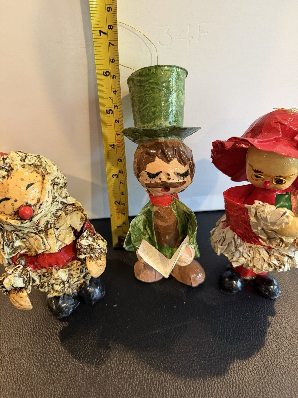 Vintage Crinkle Paper Christmas Ornaments Lot 3 Caroler Santa Elf Japan 7"