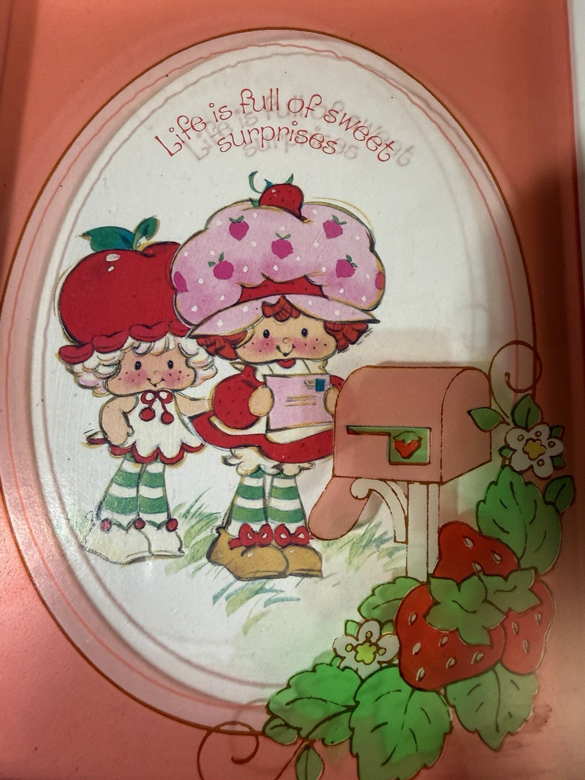 1980s Strawberry Shortcake & Apple Dumpling Reverse Painted Glass Art 6.5x8.5
