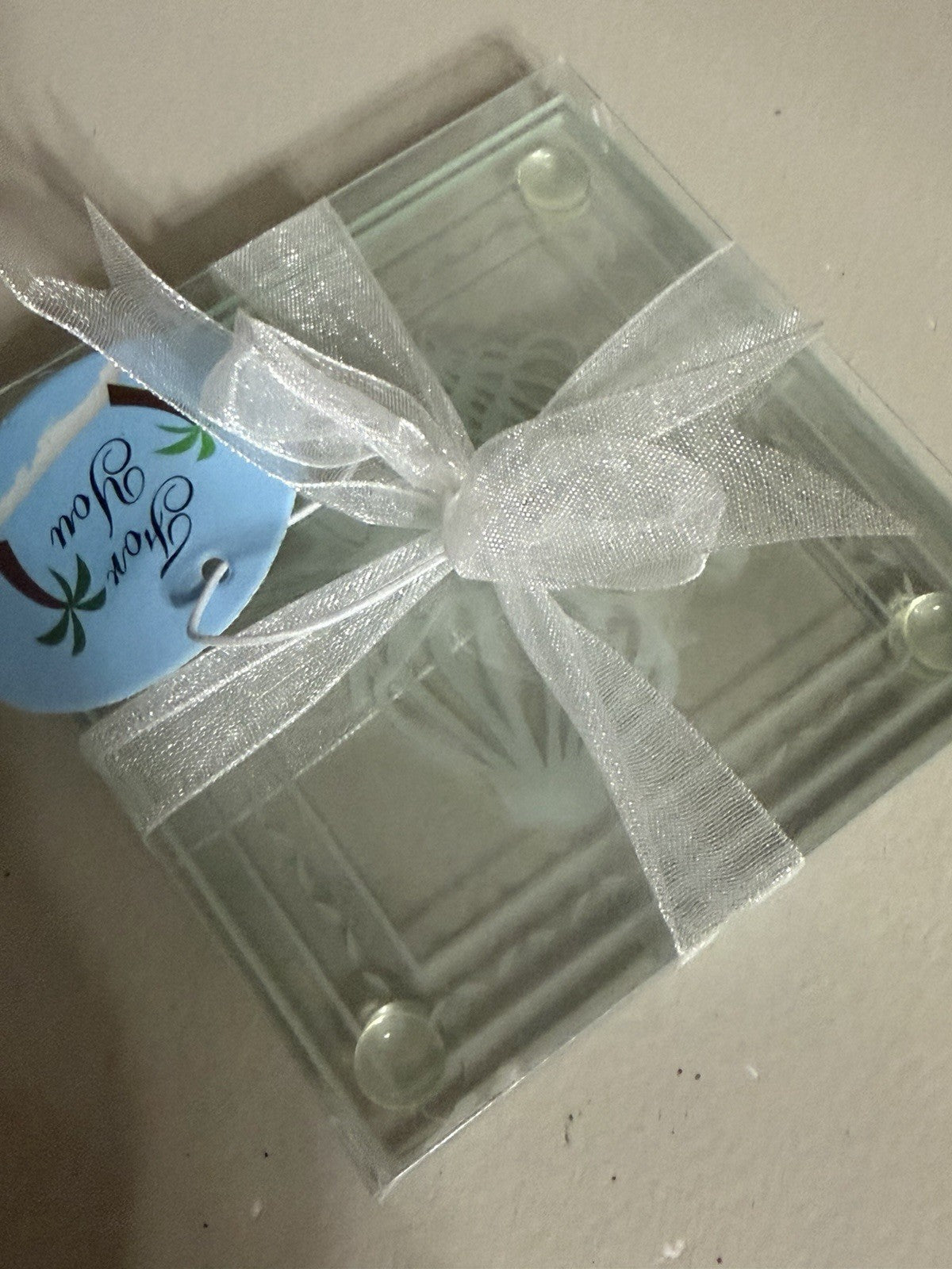 Fashioncraft Glass Coaster Set Beach Tropical Theme Ribbon Gift Box New