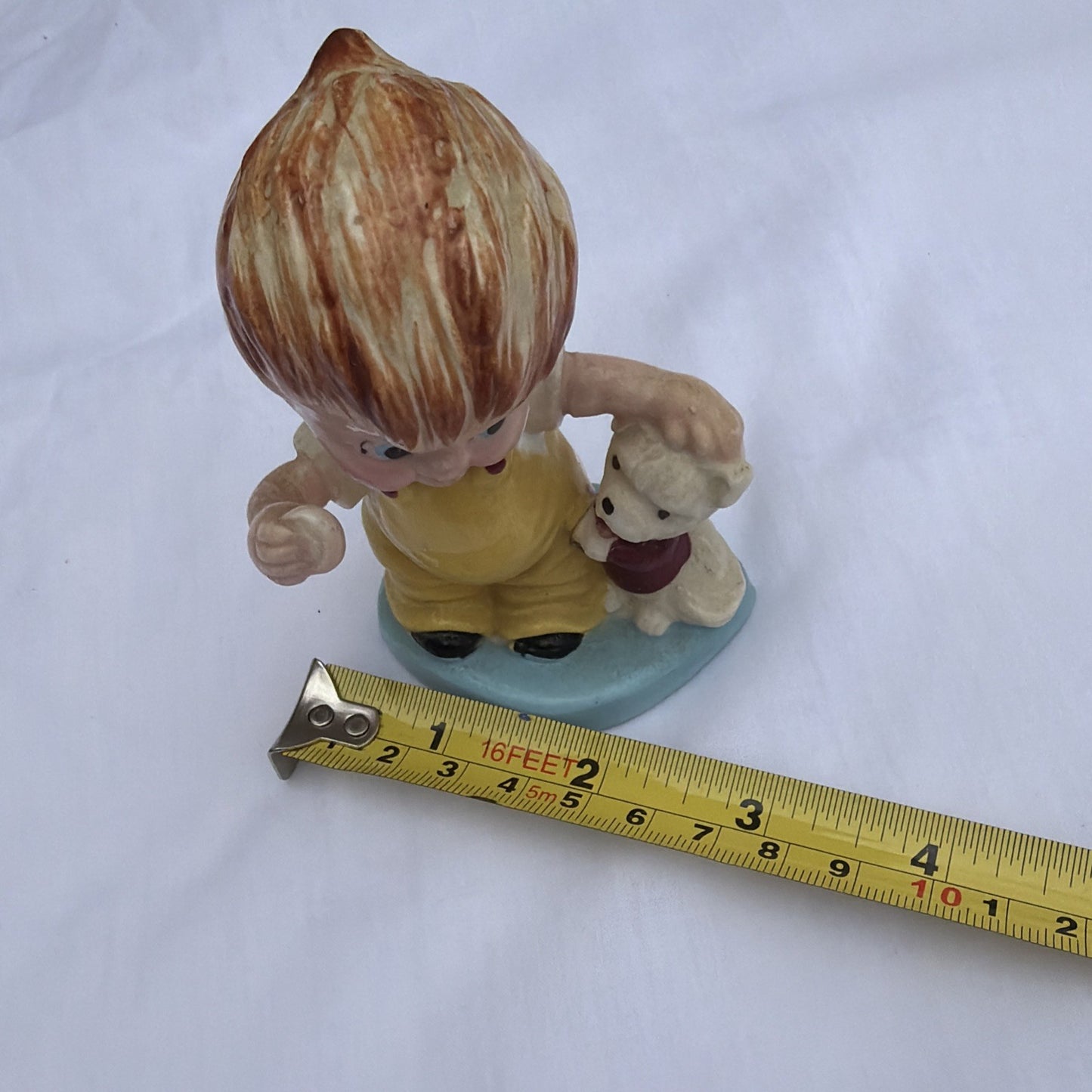 Vintage Porcelain Boy Figurine Puppy Yellow Overalls Dog Figure 4"x3"