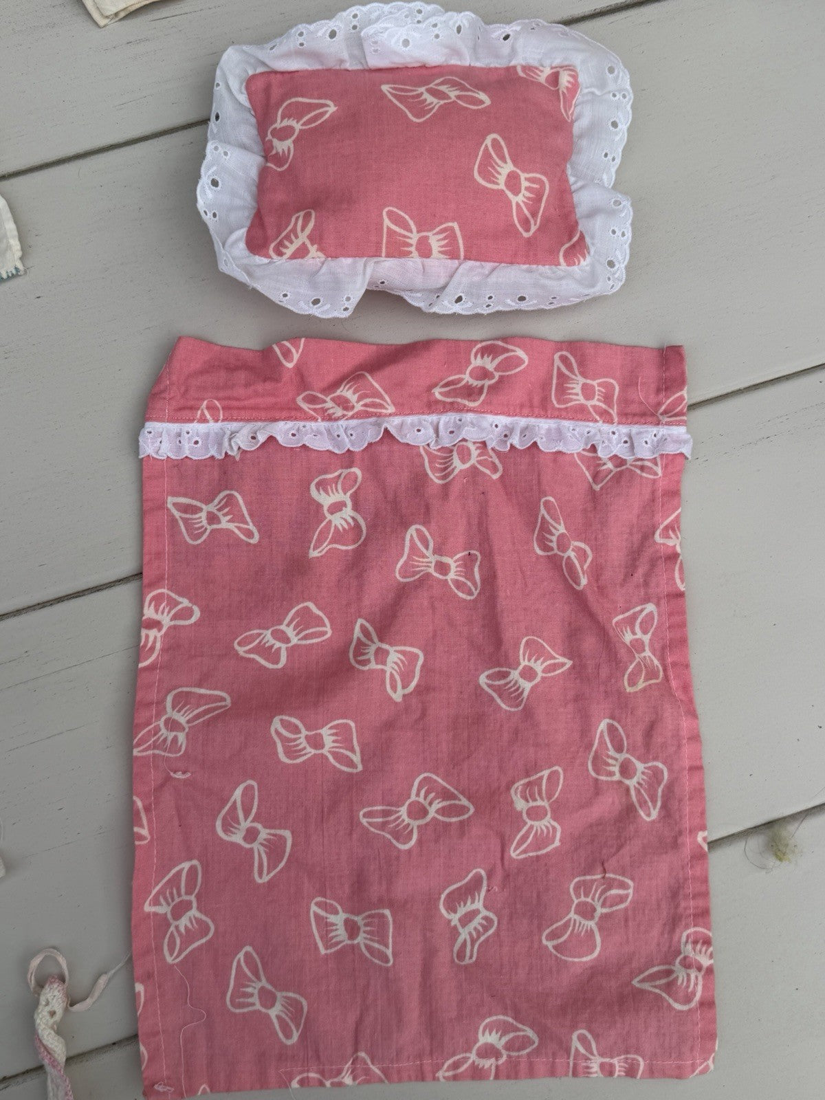 Vintage Baby Doll Bed Sets, Hand Crocheted Bibs, 1940s Children’s Handkerchiefs