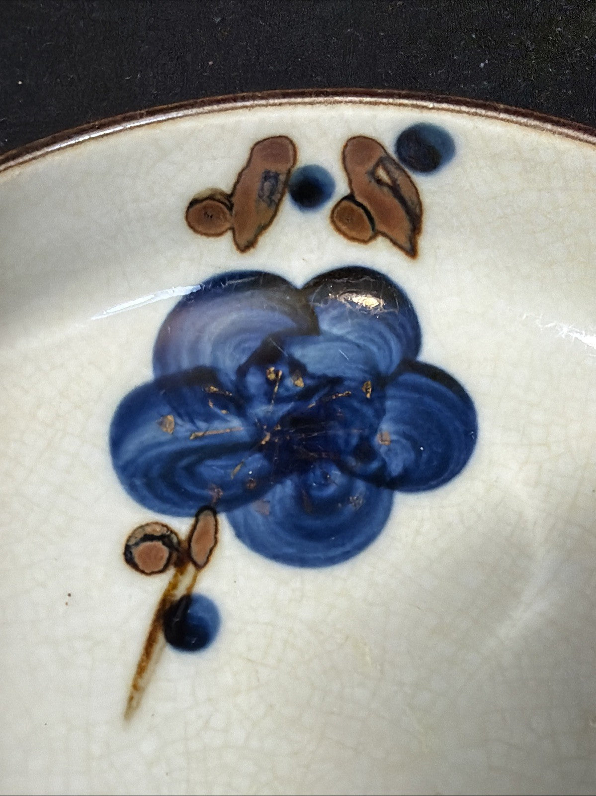 Vintage Asian Crackle Glaze Bowl Blue Floral Gold Trim Porcelain 5”