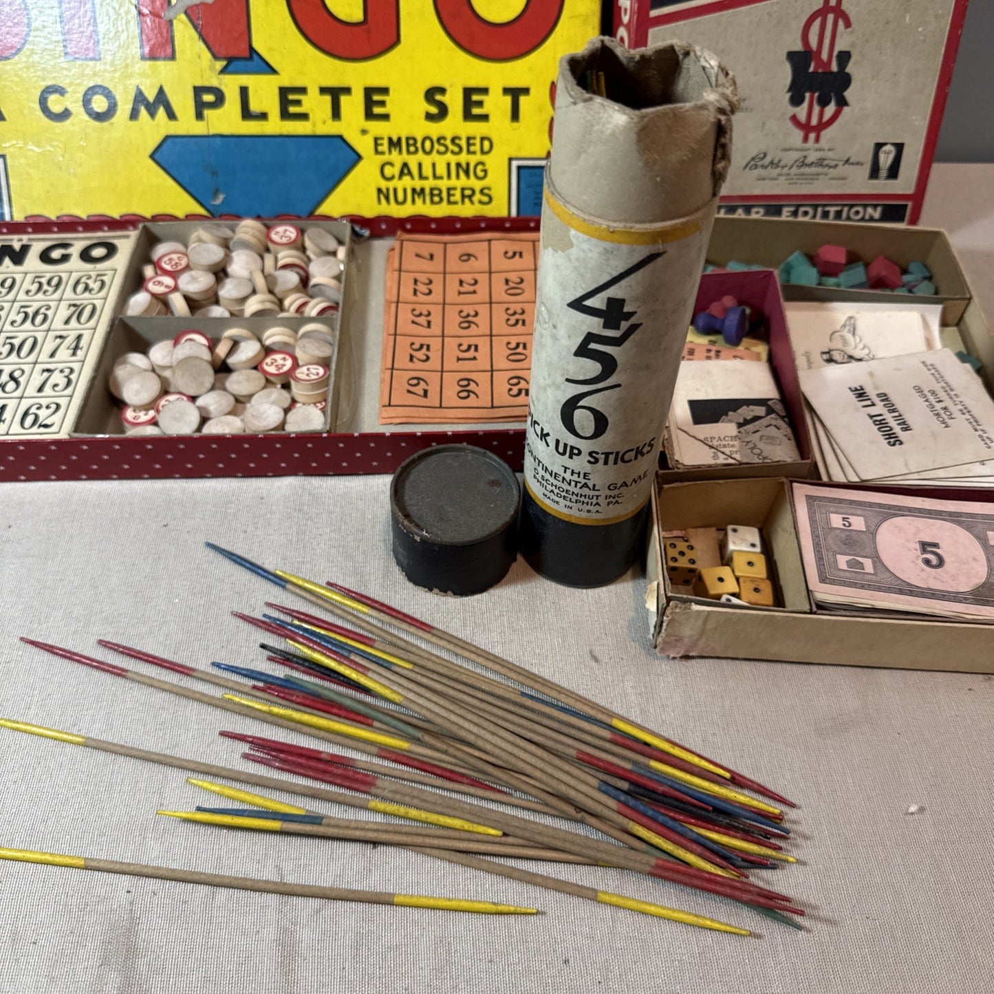 Vintage Board Game Lot Scrabble Monopoly Plus Bingo 456 Pick Up Sticks Lot of 4