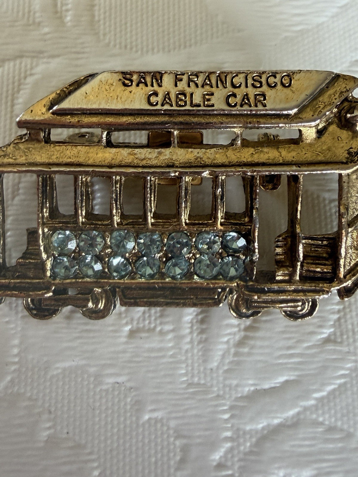 Vintage San Francisco Cable Car Brooch Gold Tone Blue Rhinestone Souvenir Pin