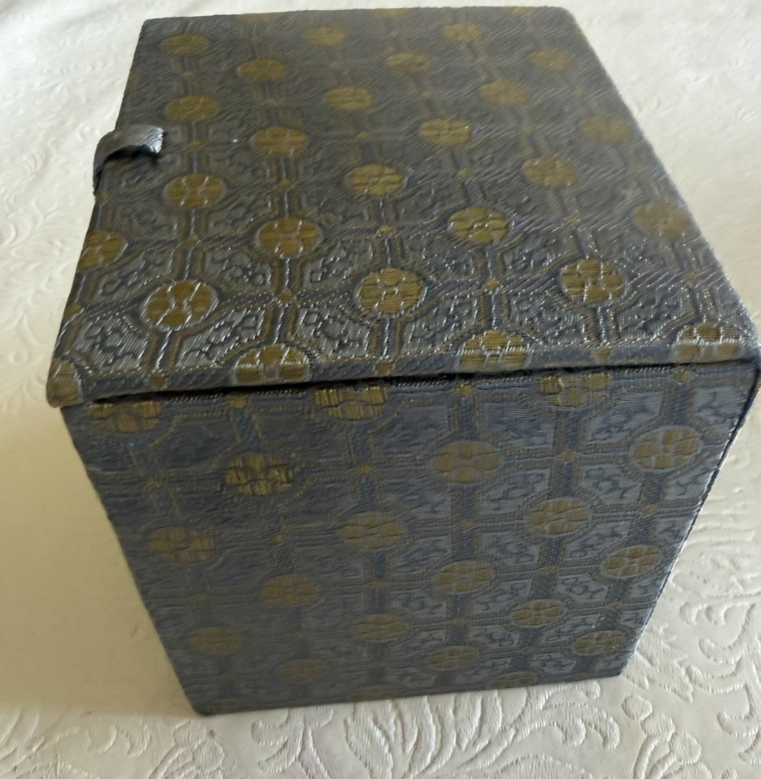 Vintage Blue Gold Brocade Fabric Storage Box Bone Latch Red Silk Interior