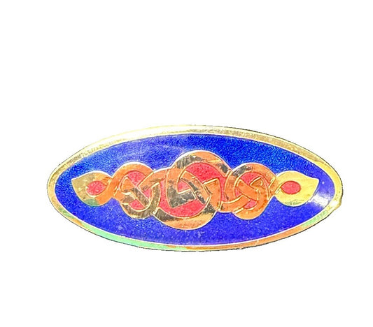 Vintage Celtic Sea Gems Gold Tone Blue Red Enamel Knotwork Oval Brooch Pin Irish