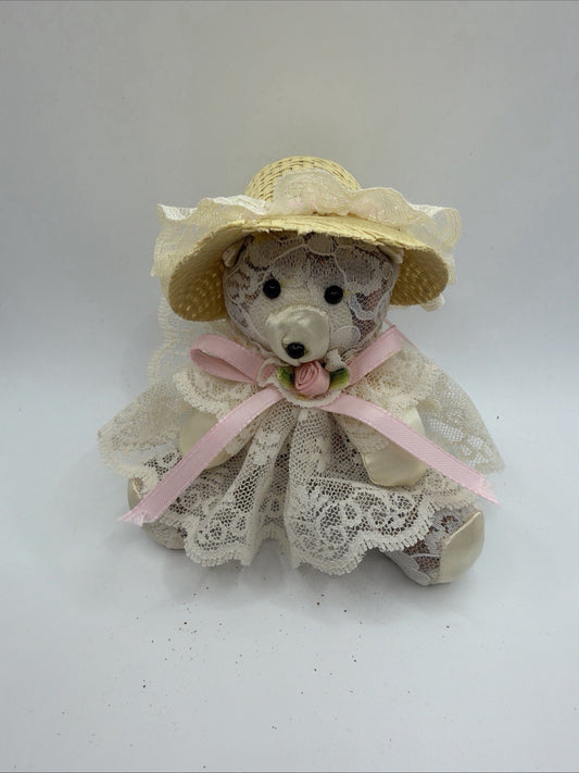 Vintage Handmade Potpourri Lace Teddy Bear Plush Straw Hat Ribbon Cottage Decor