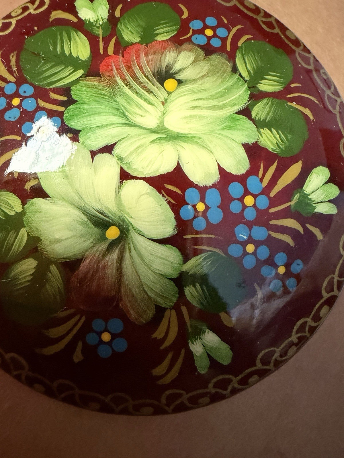 Vintage Russian Hand Painted Lacquer Floral Brooches Signed Boomerang Snake Pin