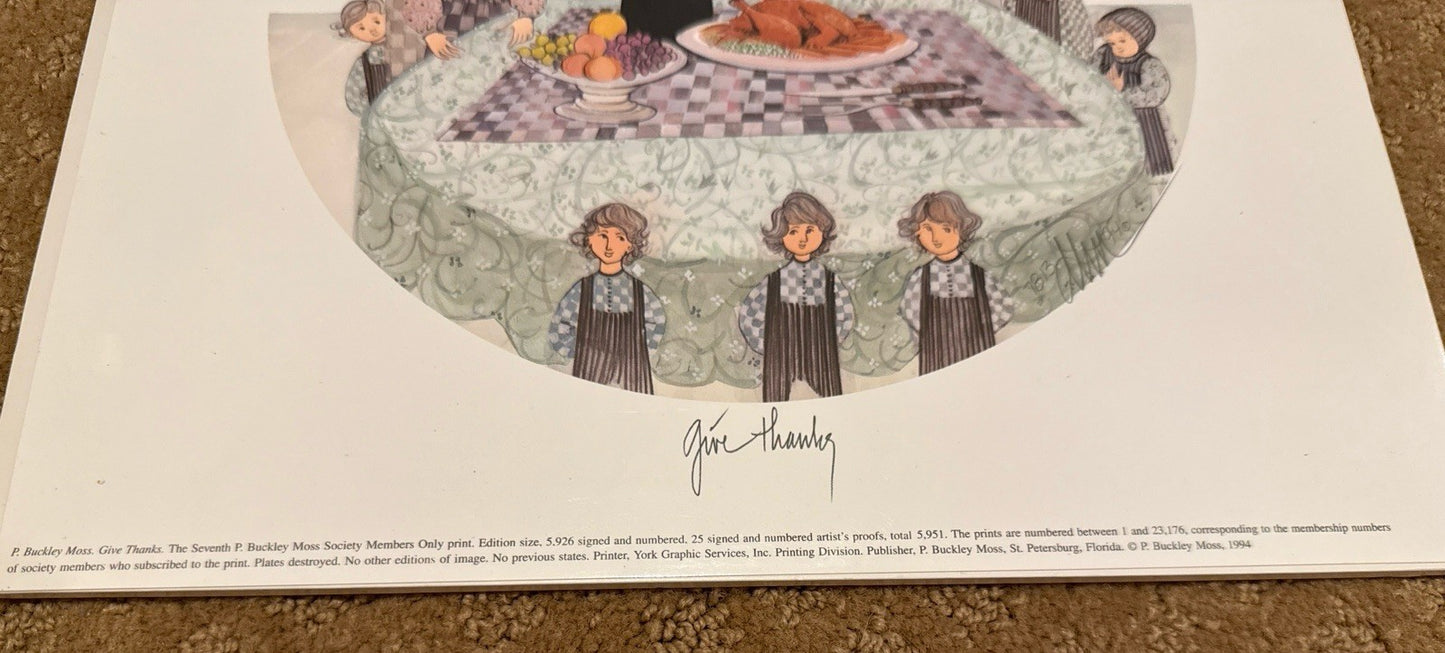 P Buckley Moss Give Thanks 1994 Lithograph Thanksgiving Amish Art Print No Frame