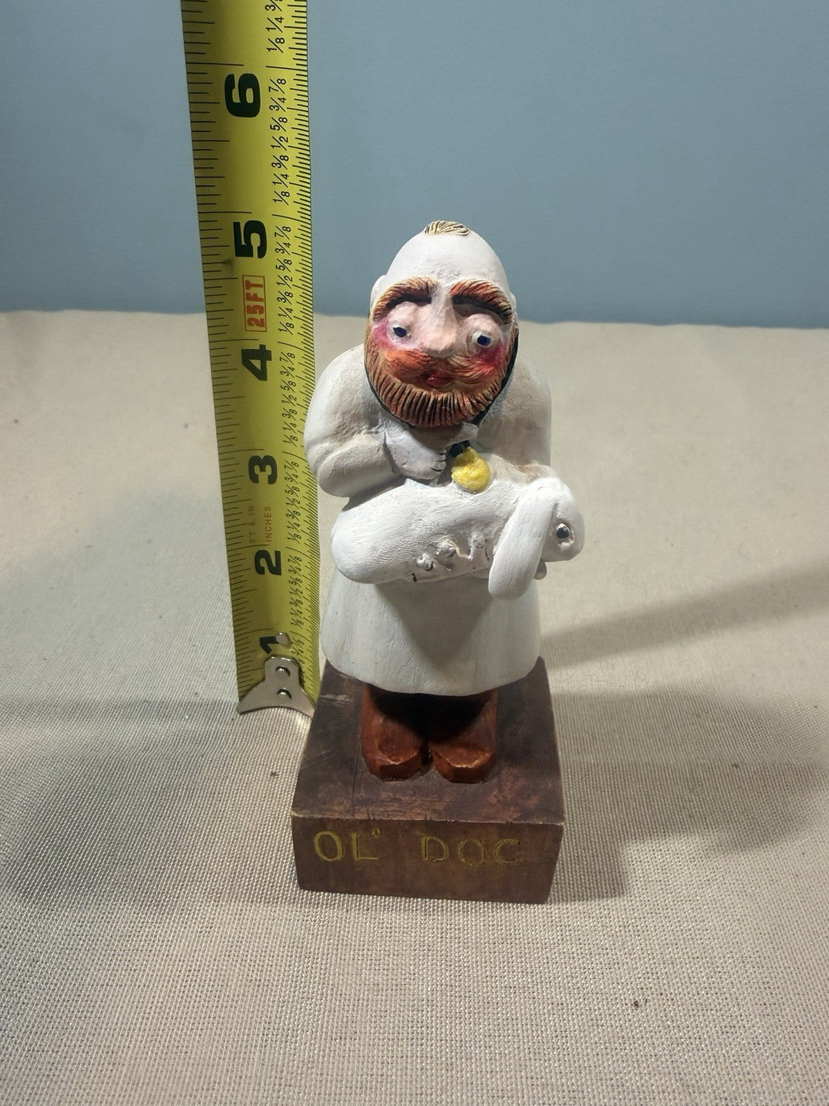 Vintage ANRI Style Carved Wood Veterinarian Figure Holding Rabbit Toriart
