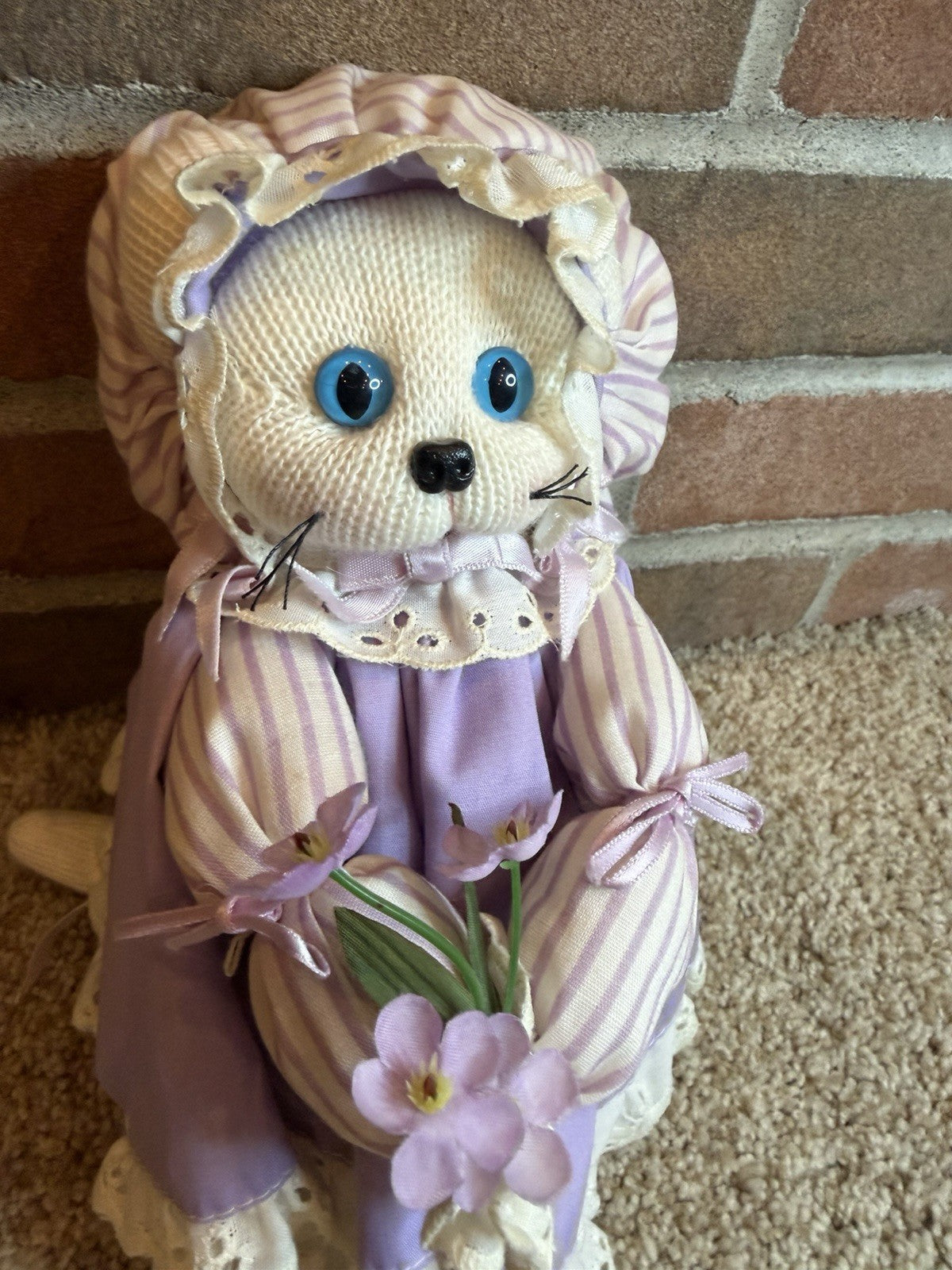 Vintage Handmade Knit Cat Doll Plush Purple Dress Bonnet Flowers Stuffed Animal