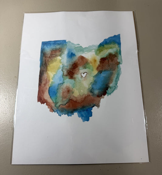 Chelsea Dipman Ohio Watercolor Print State Map Heart Signed Framed Wall Art Home