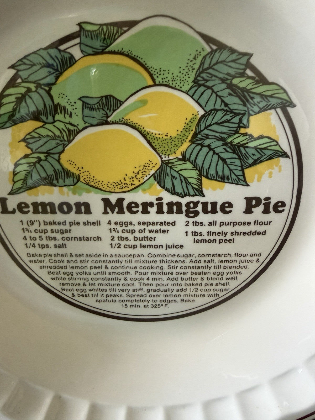 Vintage Sunnycraft Sunstone Lemon Meringue Pie Recipe Plate 11" Ceramic