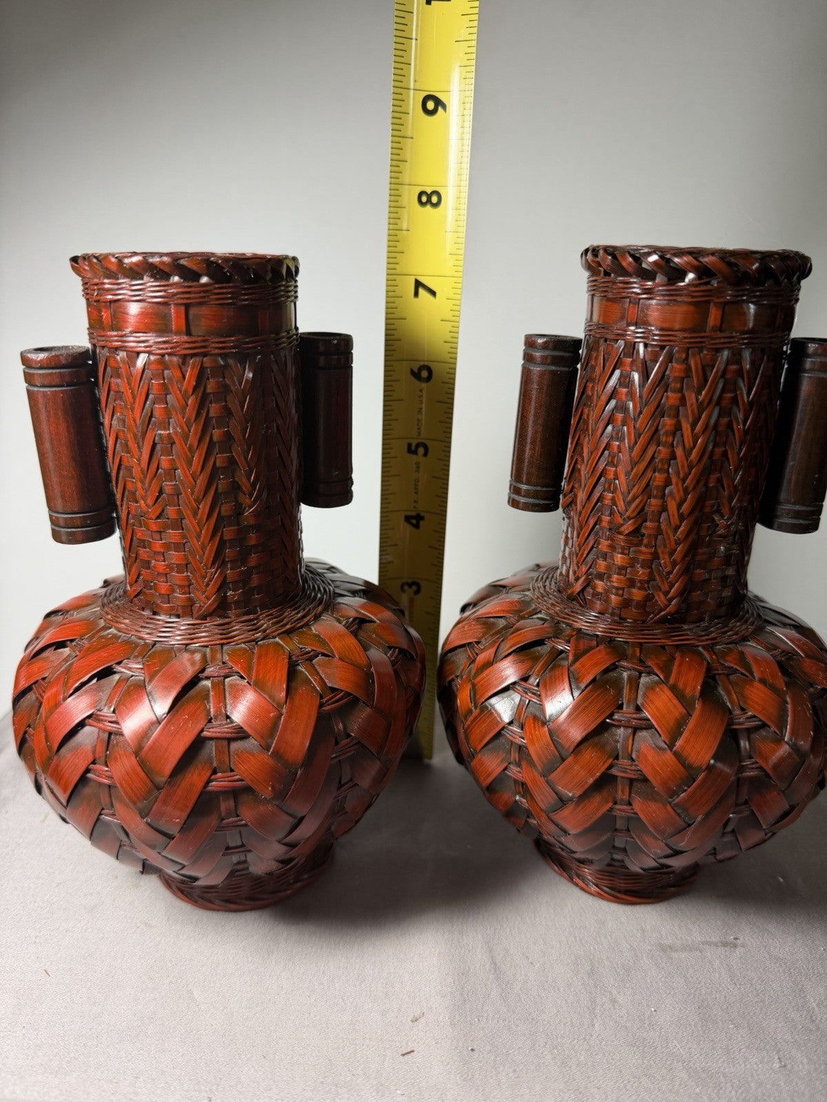 Vintage Japanese Ikebana Vase Bamboo Woven Pair Porcelain Inserts Set of 2