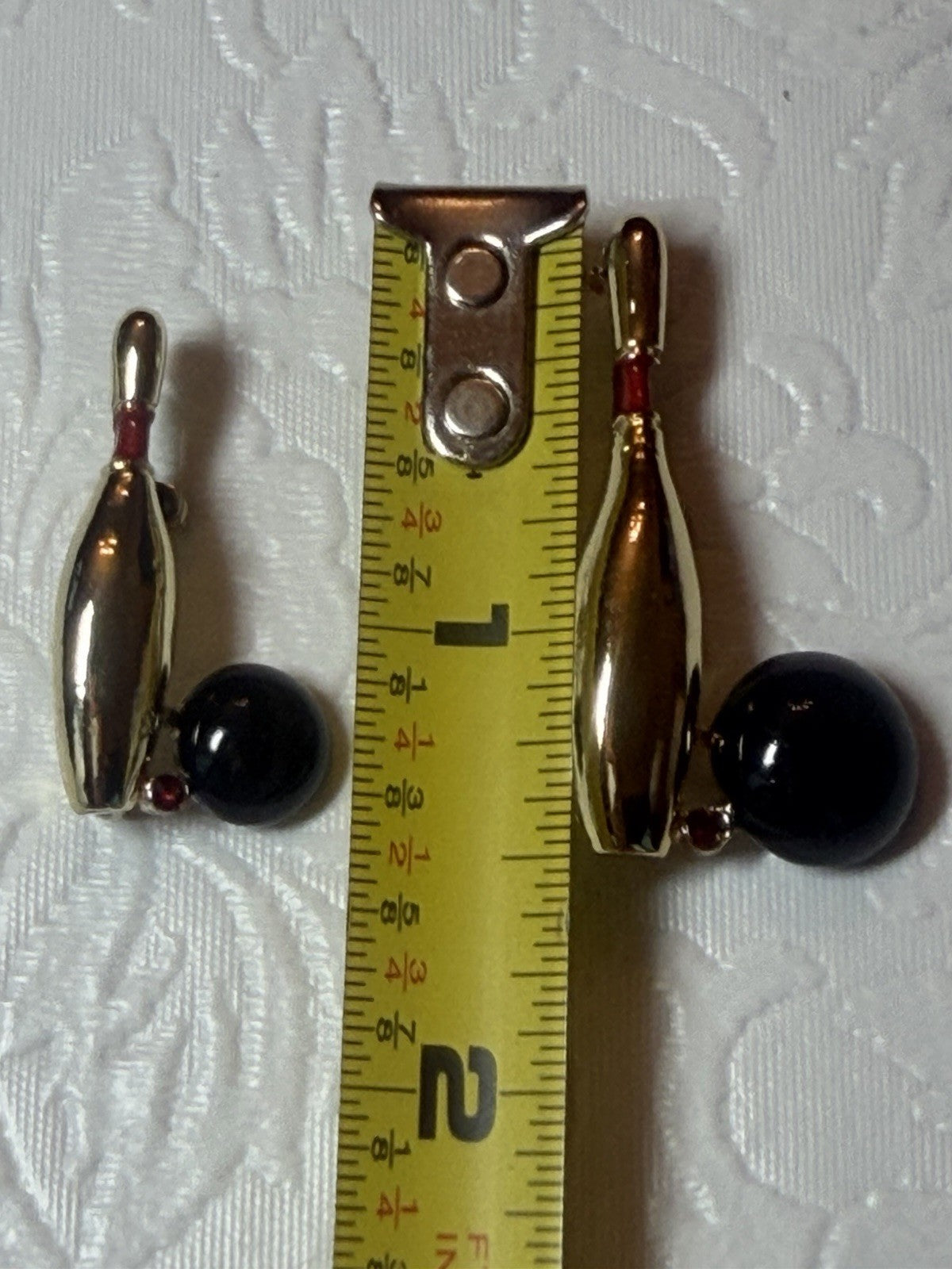 Vintage Bowling Pin and Ball Mini Brooch Pin Lot Gold Tone Red Rhinestone Accent
