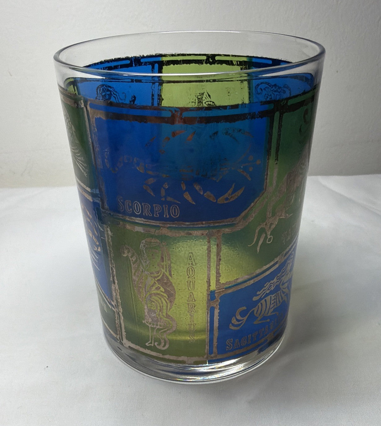 Vintage Mosaic Zodiac Cocktail Highball Glass Blue Gold 4"