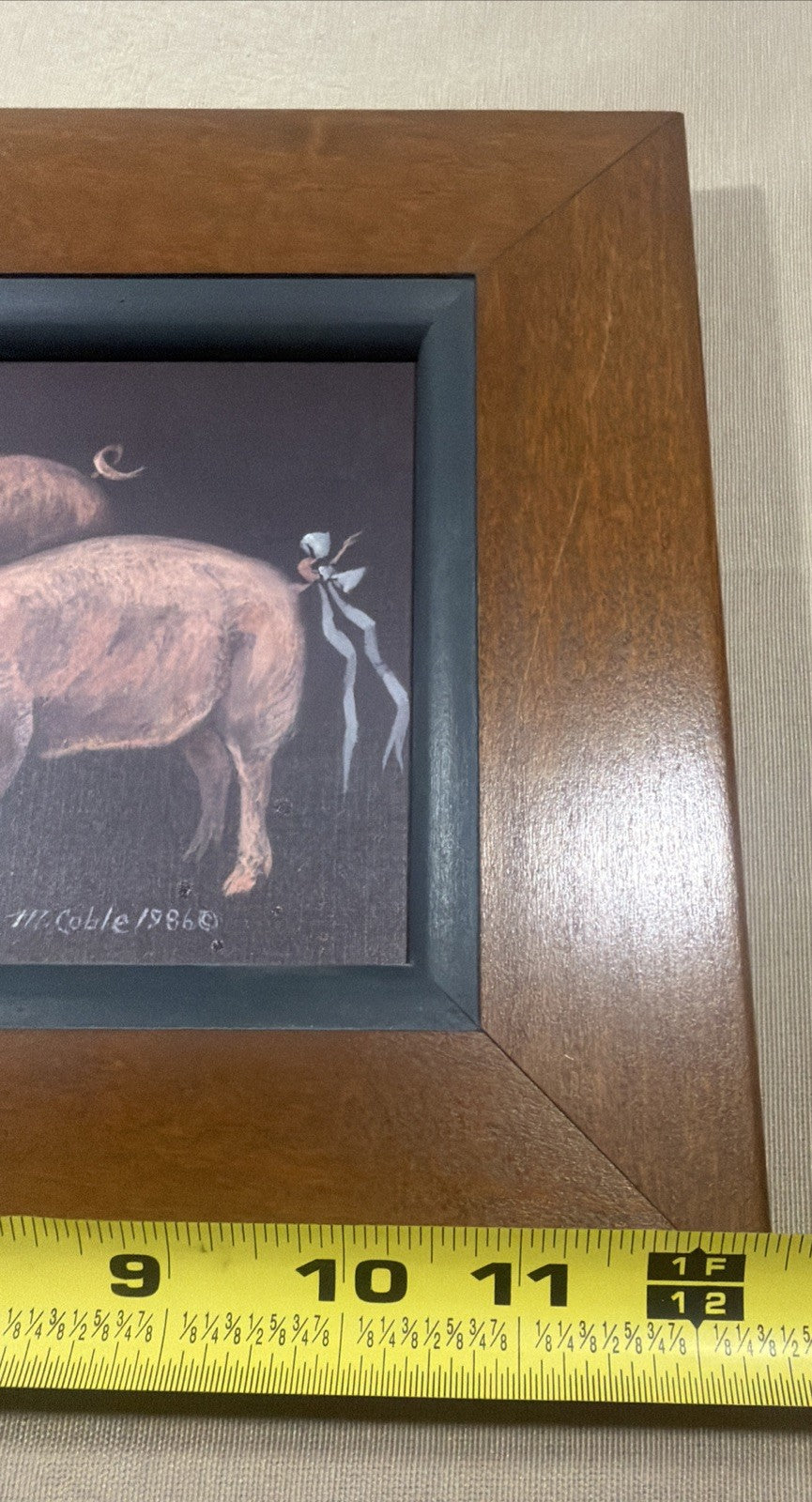 Handpainted Pig Art Print Signed M Coble 1986 Framed Farmhouse Artwork