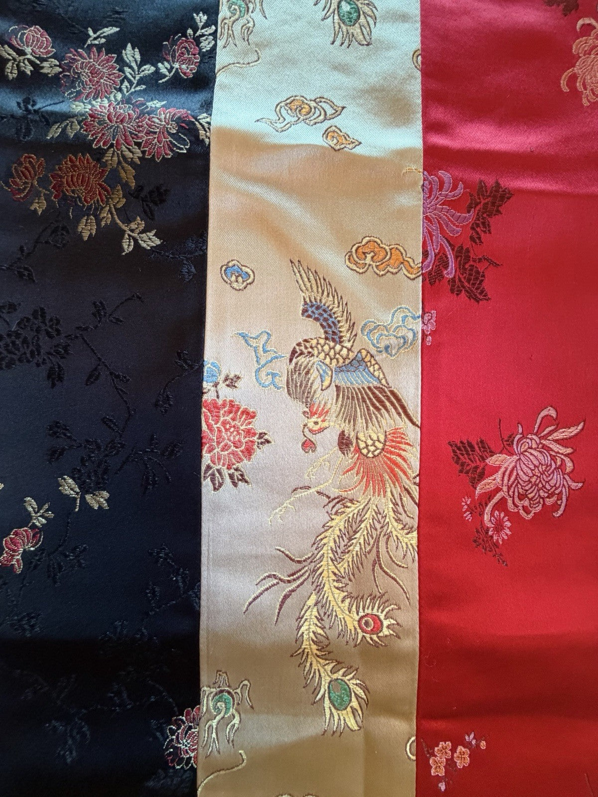 Vintage Asian Silk Brocade Table Runner Red Gold Floral Fringe 58" Oriental