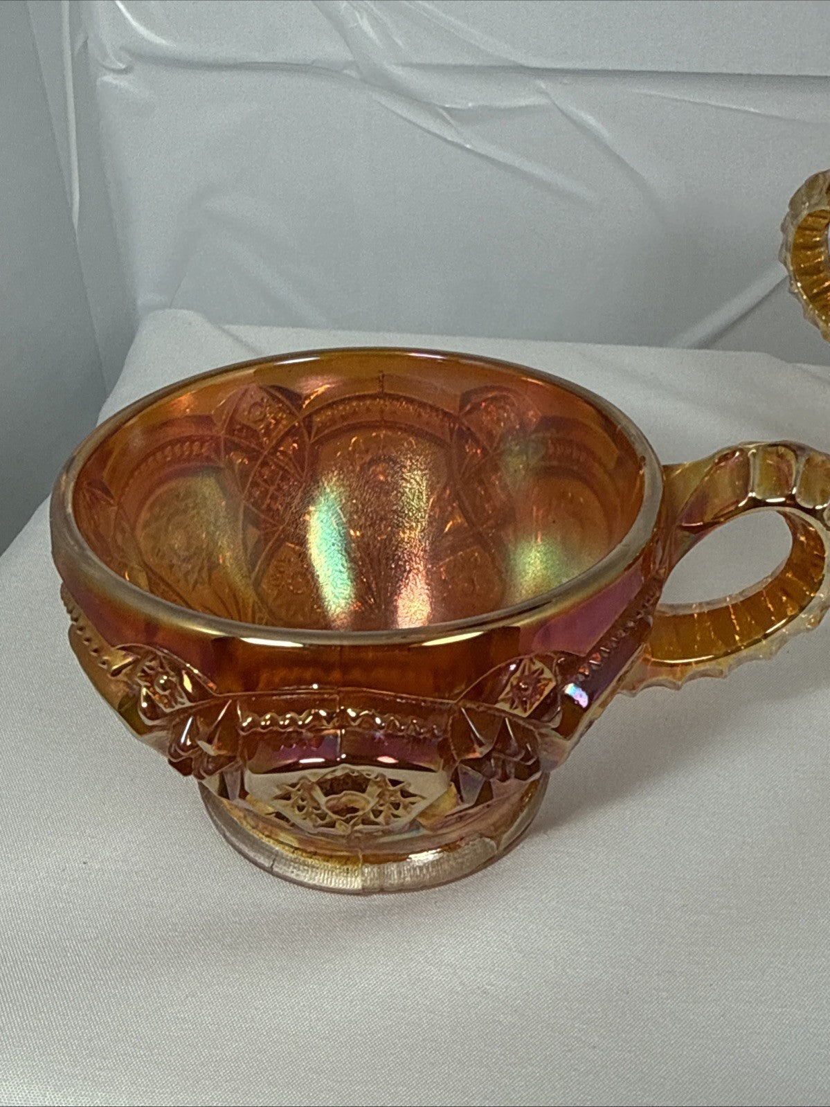 Set of 4 Vintage Imperial Hobstar Iridescent Marigold Orange Carnival Glass Cups