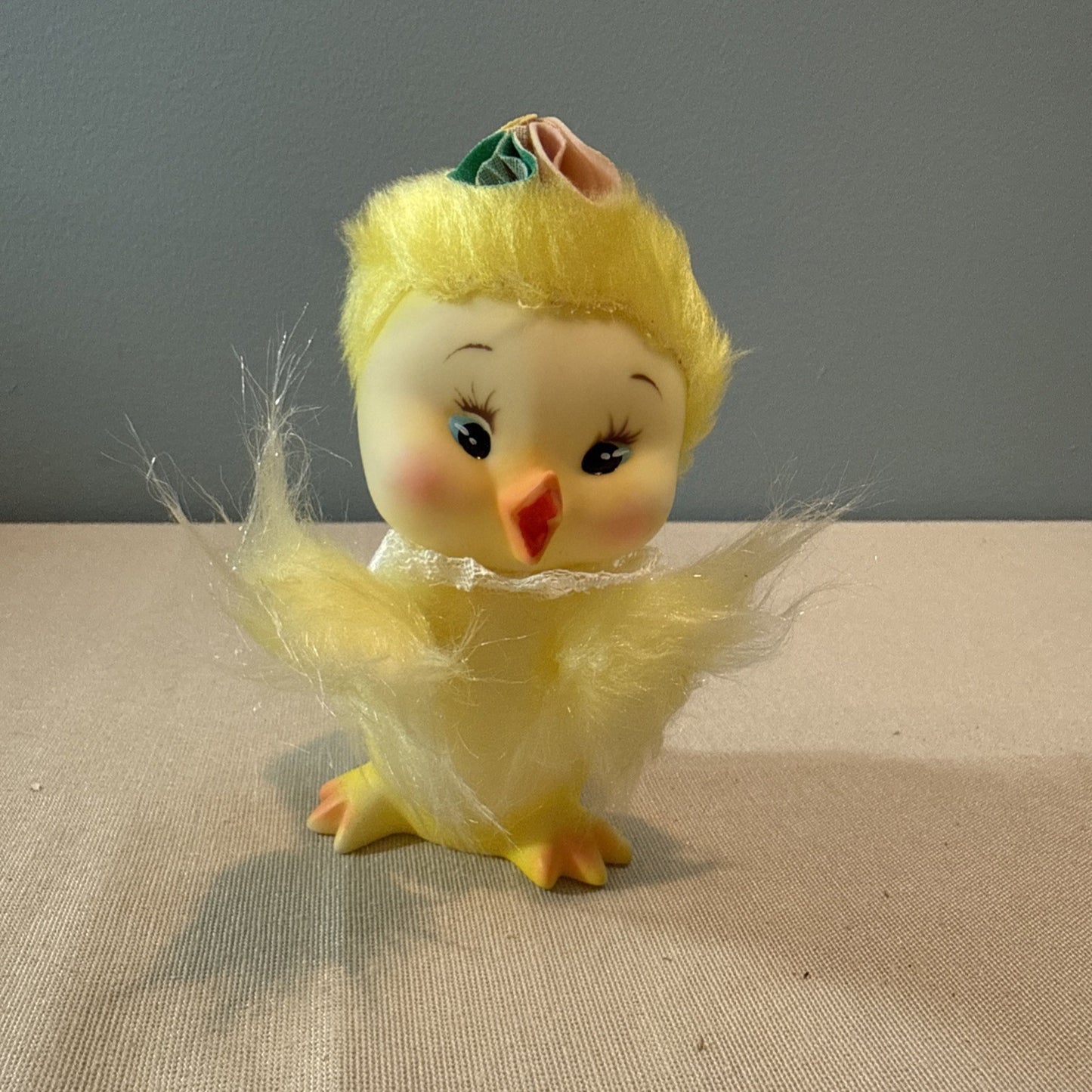 Vintage 1950s Daisy Chick Plush Rubber Face Easter Toy Flower Crown Japan