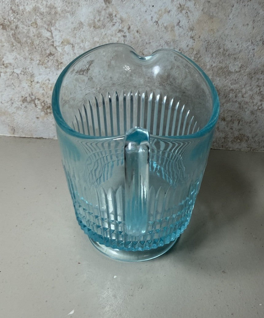 Vintage Blue Pressed Glass Pitcher Creamer Fluted Diamond Pattern Tableware