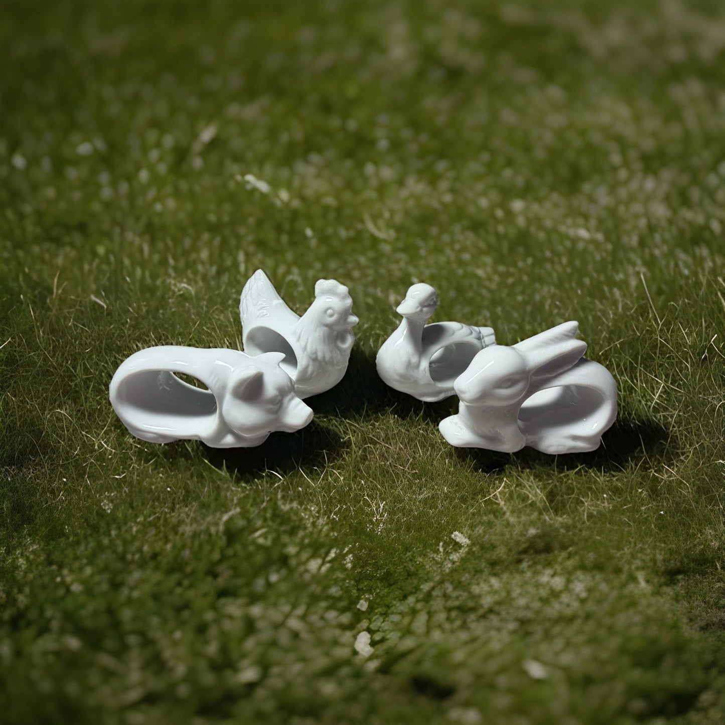 Vintage Animal Napkin Rings Set 4 Duck Pig Cow Chicken White Porcelain Japan