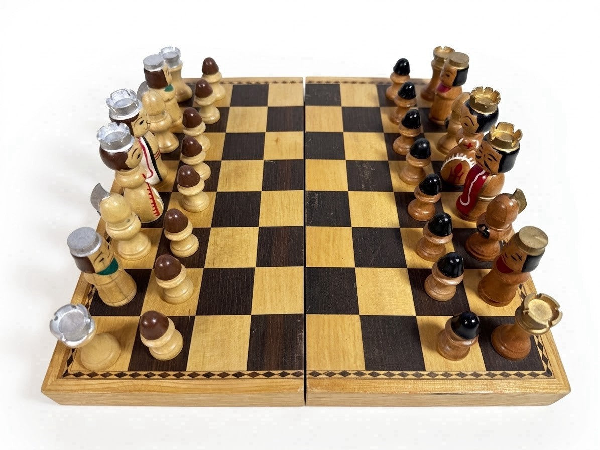 Vintage Japanese Kokeshi Wood Chess Set Hand Painted Pieces Folding Board Boxes