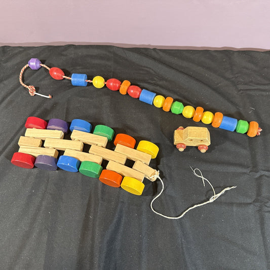 Vintage Wooden Pull Toys Lot of 3 Colorful String Pull Toys and Wooden Car