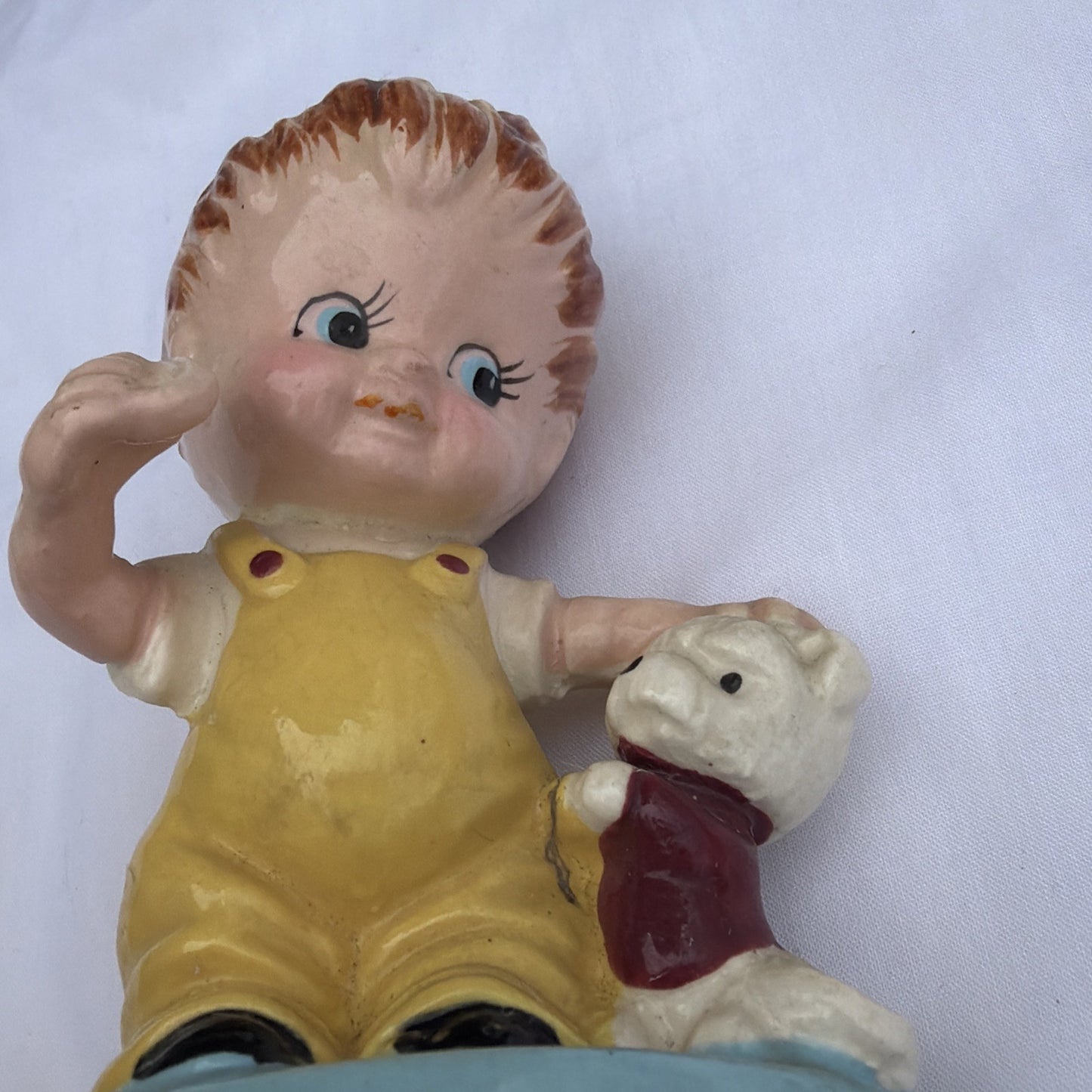 Vintage Porcelain Boy Figurine Puppy Yellow Overalls Dog Figure 4"x3"