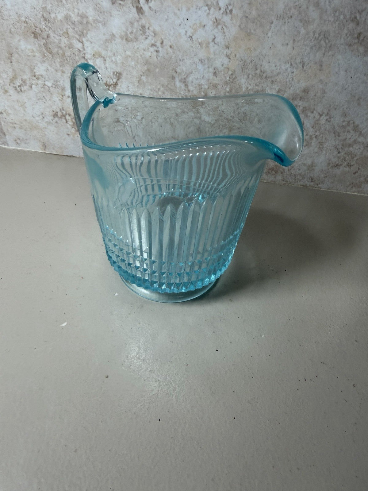 Vintage Blue Pressed Glass Pitcher Creamer Fluted Diamond Pattern Tableware