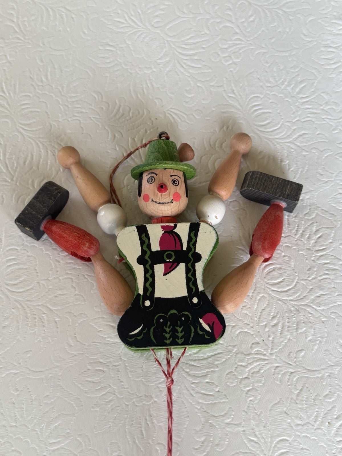 Vintage Austrian Wood Pull String Dancing Man Lederhosen Jumping Toy