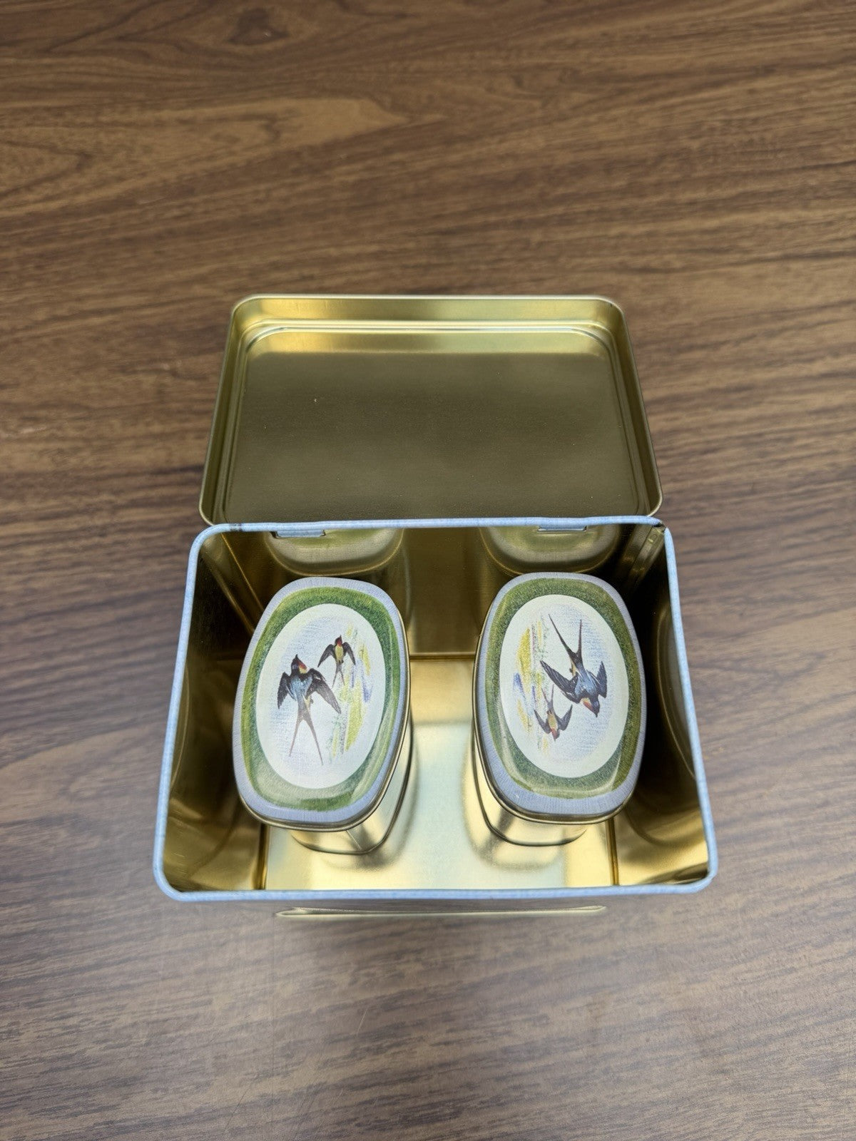 Vintage England Nesting Tin Set Birds Teapot Boot Squirrel 3 Piece Tin Lot