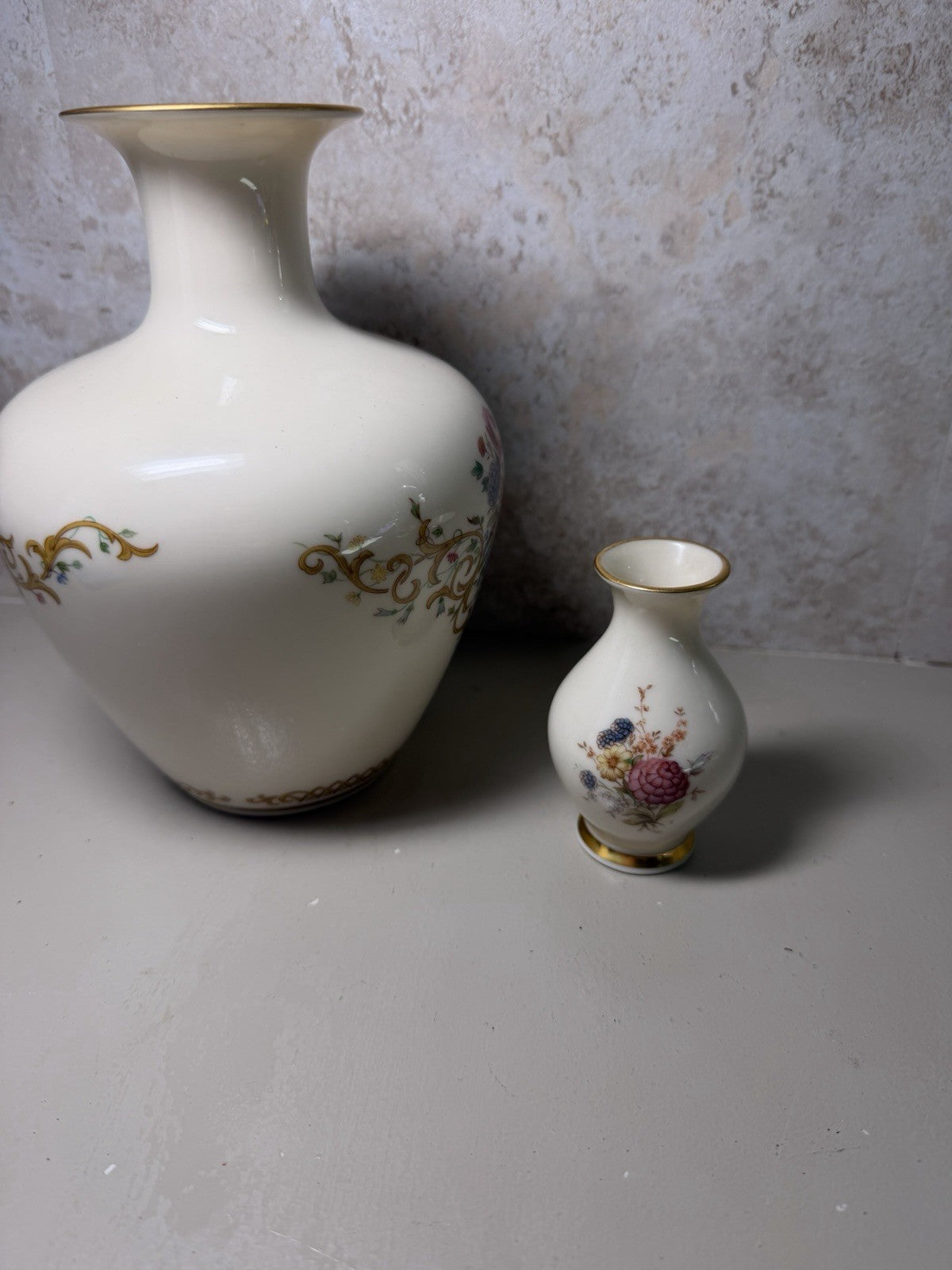 Vintage Lenox Queen's Garden Vase Set Large 10” & Bud Vase 3.5” Floral Gold Trim
