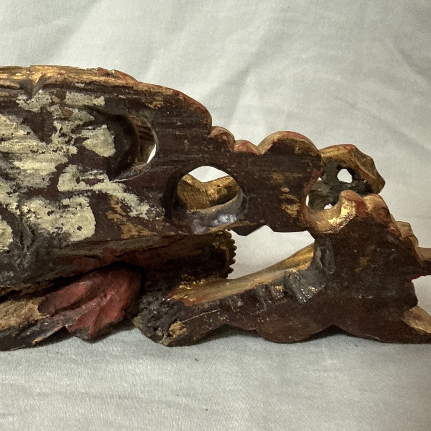Antique Chinese Qing Dynasty Wood Temple  Red & Gilt Panel Dragon Fragment 7”x3”