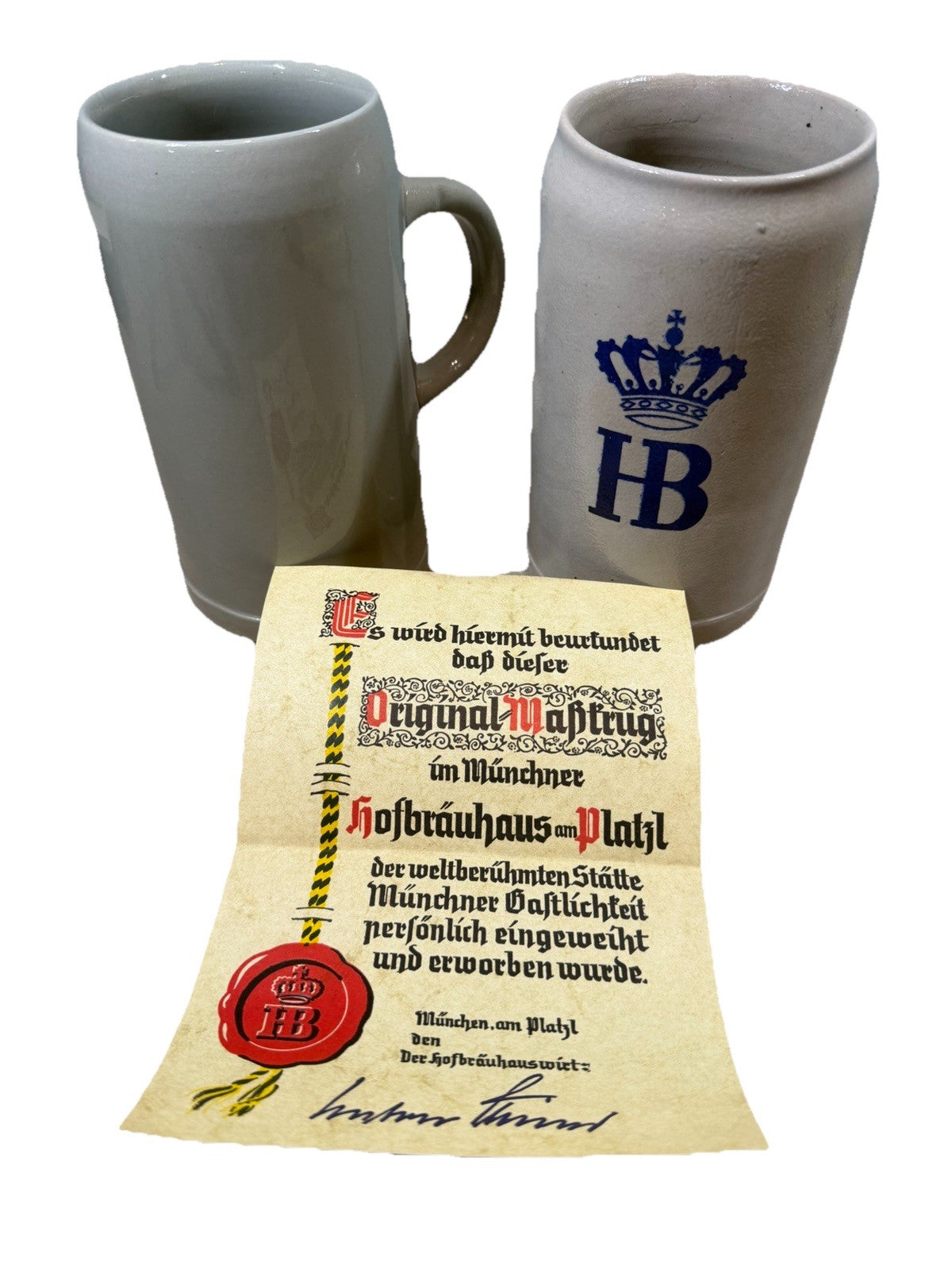 HB West Germany Stoneware Beer Steins 1 Liter Vintage w Paperwork Set 2