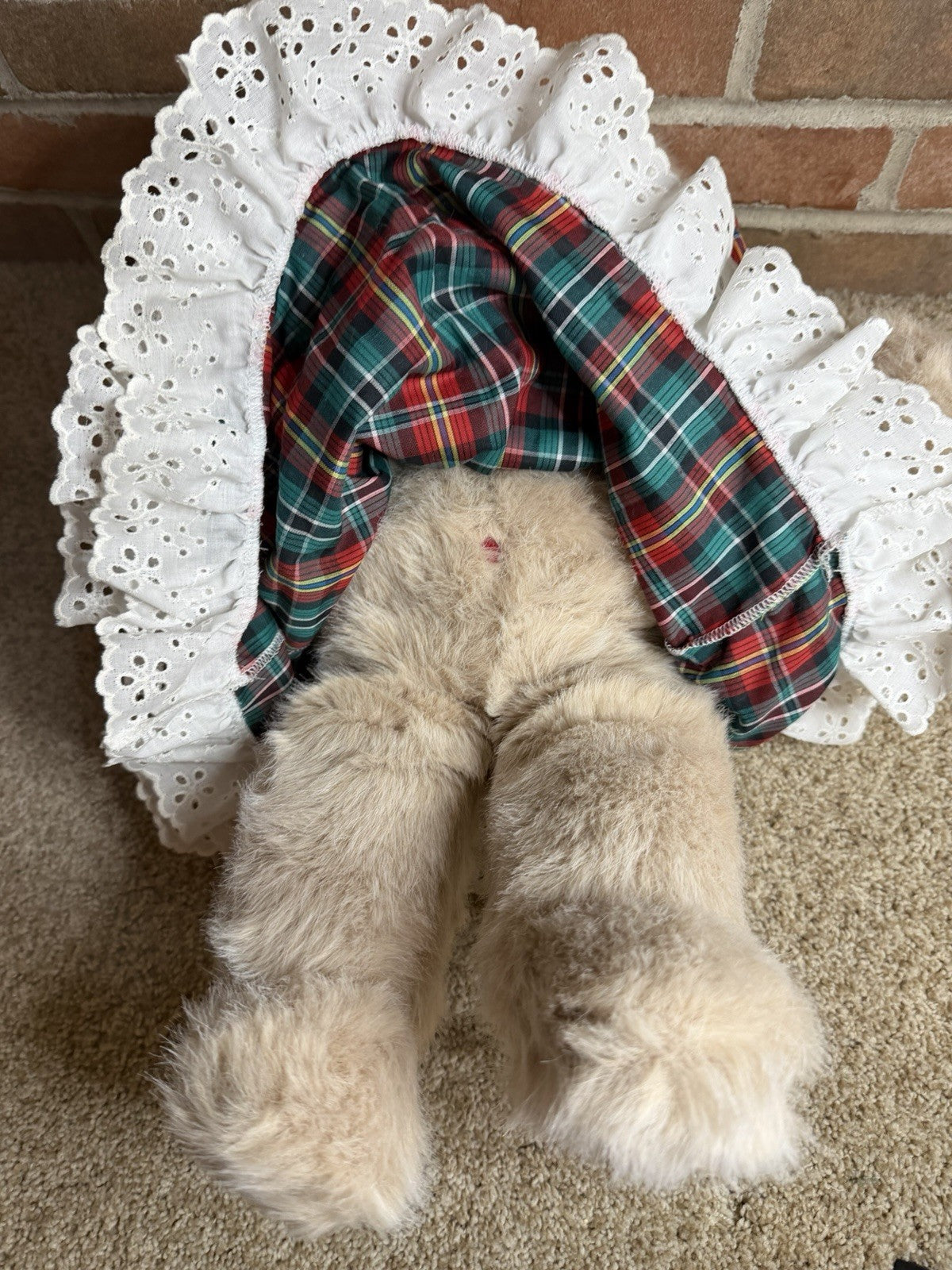 Vintage 1976 Ms Noah Plush Teddy Bear Mama Bear Plaid Eyelet Bonnet Dress Doll