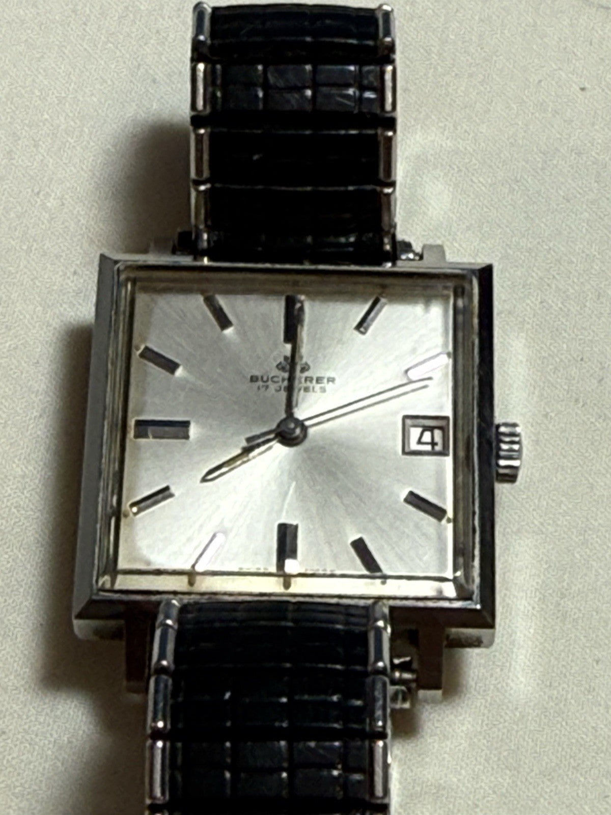 Vintage Bucherer 17 Jewel Square Dress Watch Silver Sunburst Dial Speidel Band