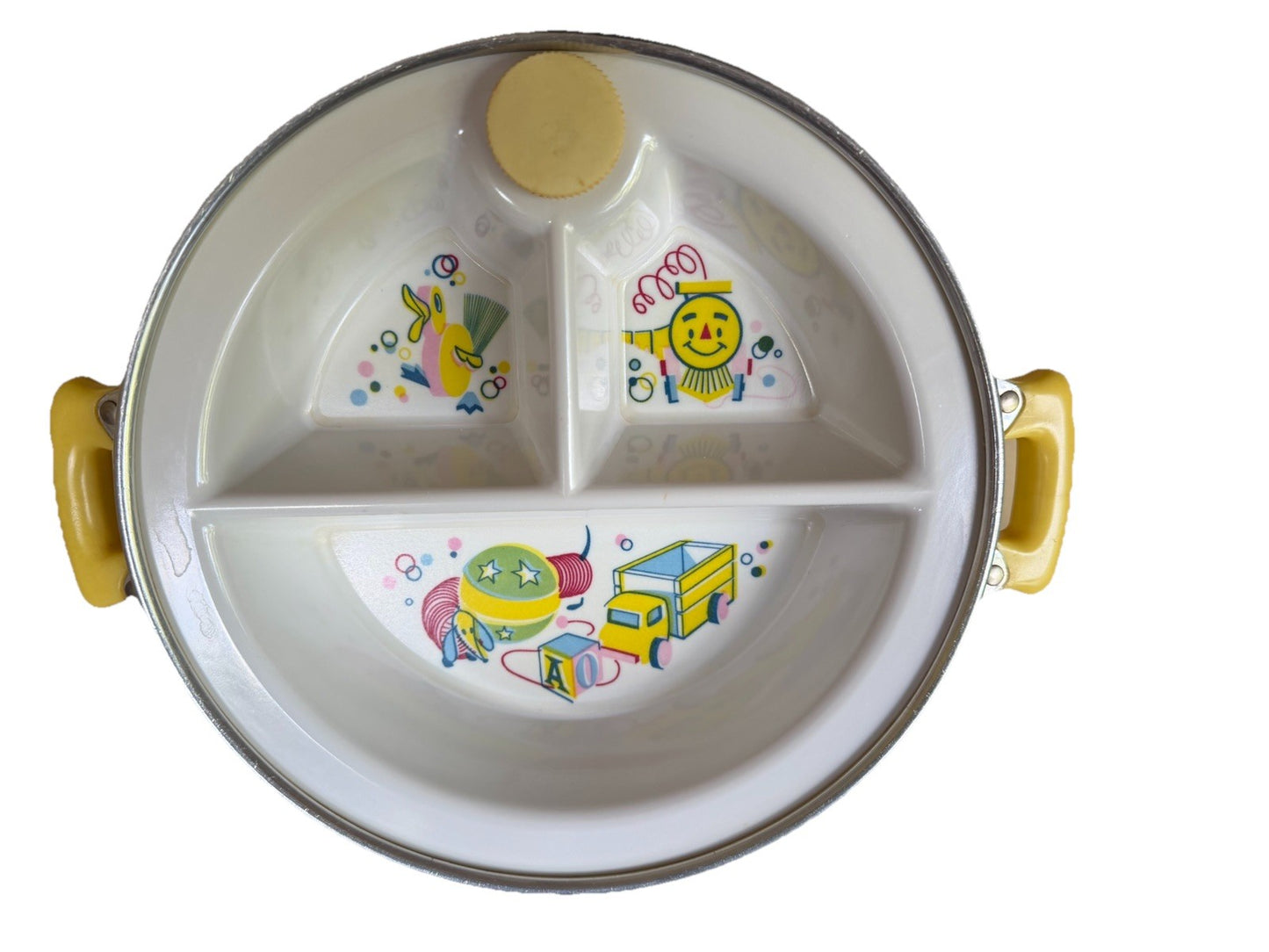 Vintage Baby Food Warmer Divided Dish Boy Girl Yellow Screw Plug Nursery Feeding