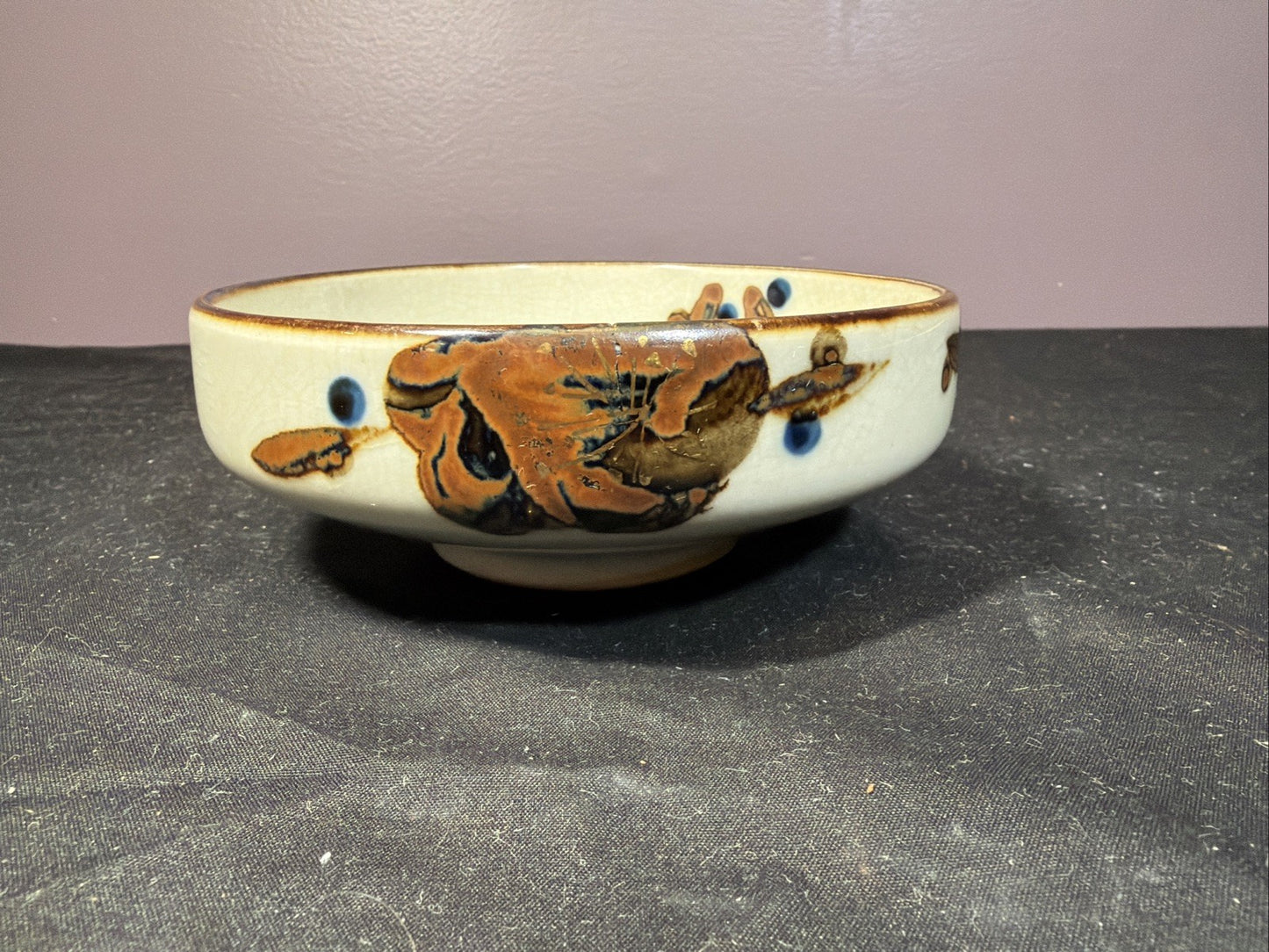Vintage Asian Crackle Glaze Bowl Blue Floral Gold Trim Porcelain 5”
