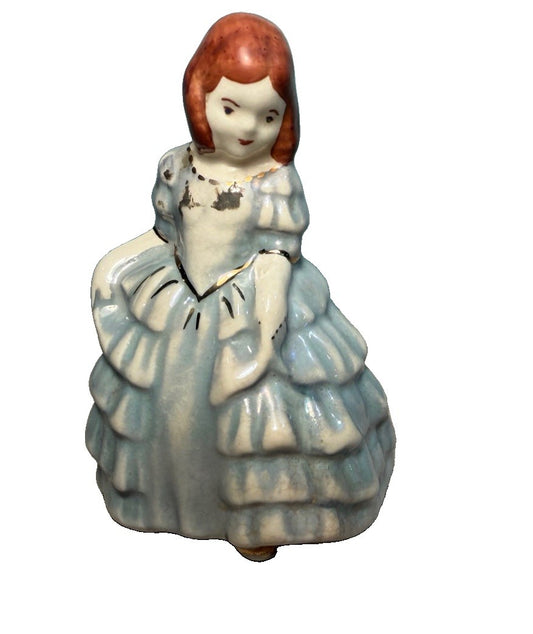 Vintage Ceramic Lady Figurine Blue Ruffled Dress Gold Trim Victorian Style Decor