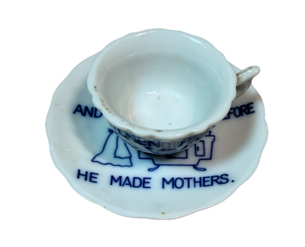 Vintage Miniature Cup Saucer Kitchen Prayer He Made Mothers Blue White