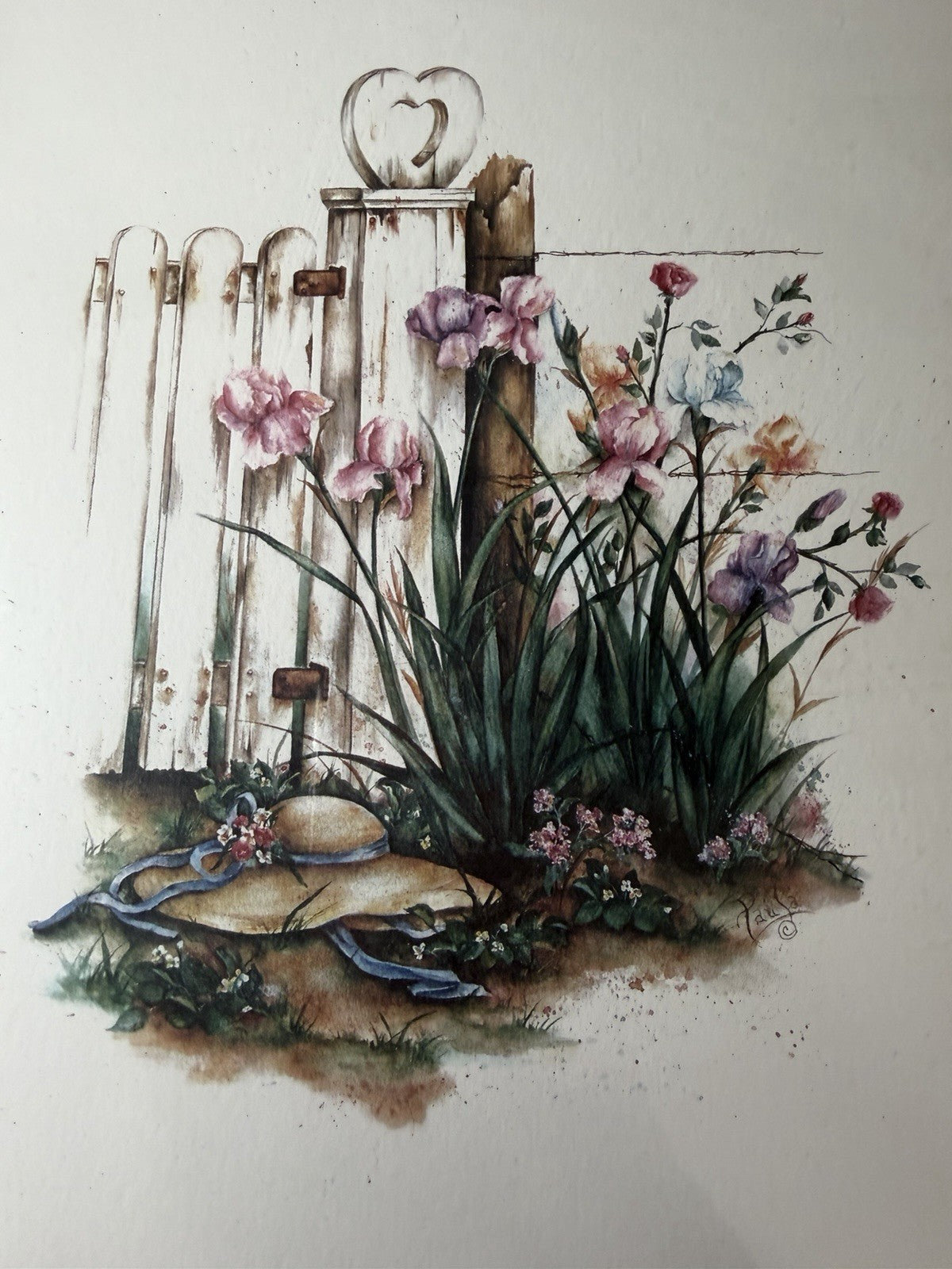 Vintage Paula Vaughan 2 Framed Floral Prints "Forgotten Basket" & "Cherished
