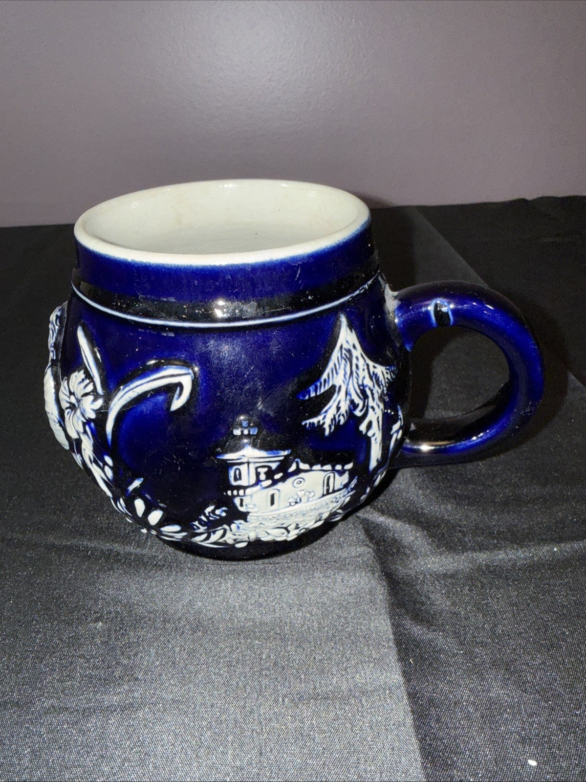 Vintage Cobalt Blue Salt Glaze Mug Germany House Trees Friends Flowers