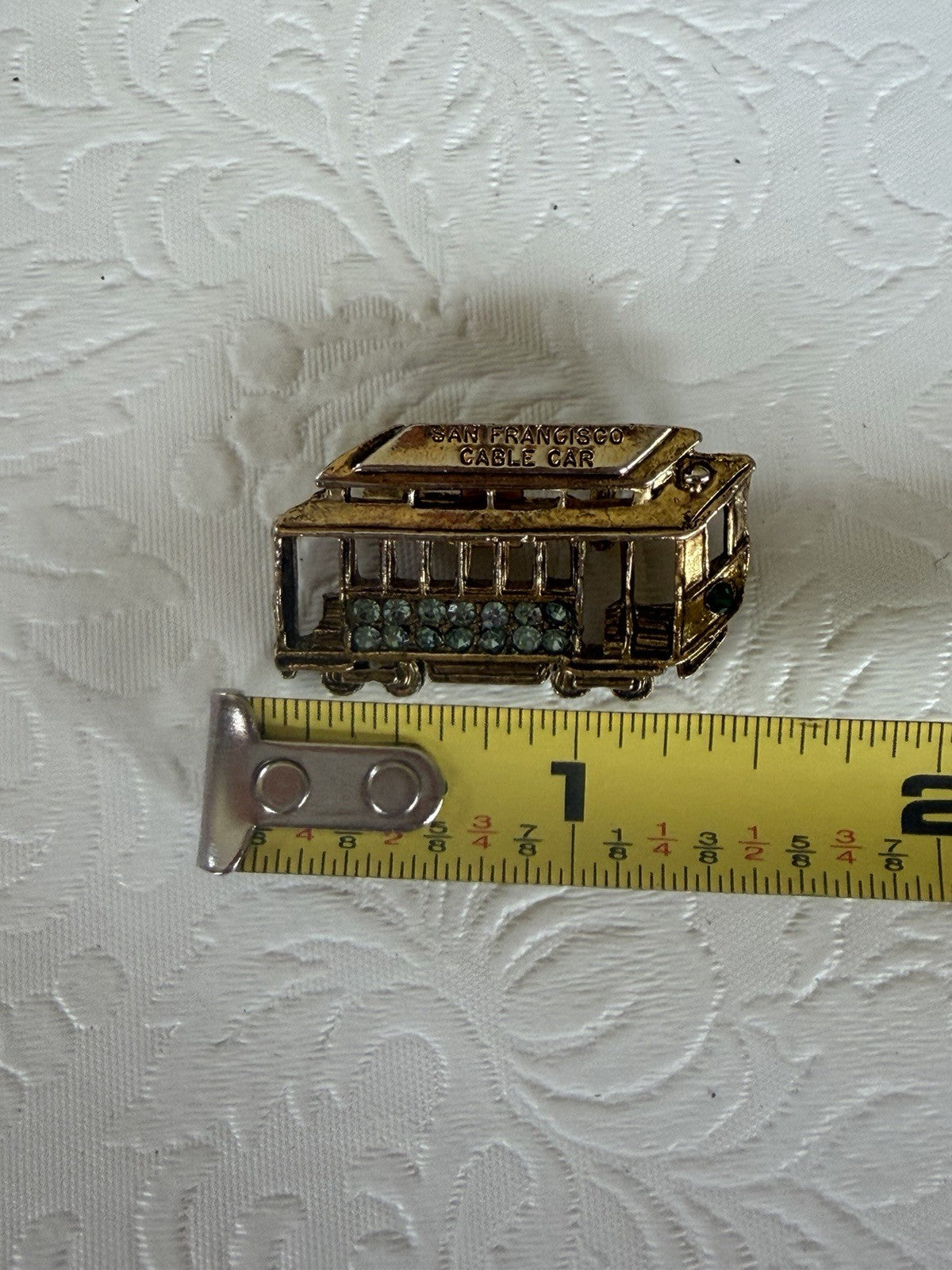 Vintage San Francisco Cable Car Brooch Gold Tone Blue Rhinestone Souvenir Pin