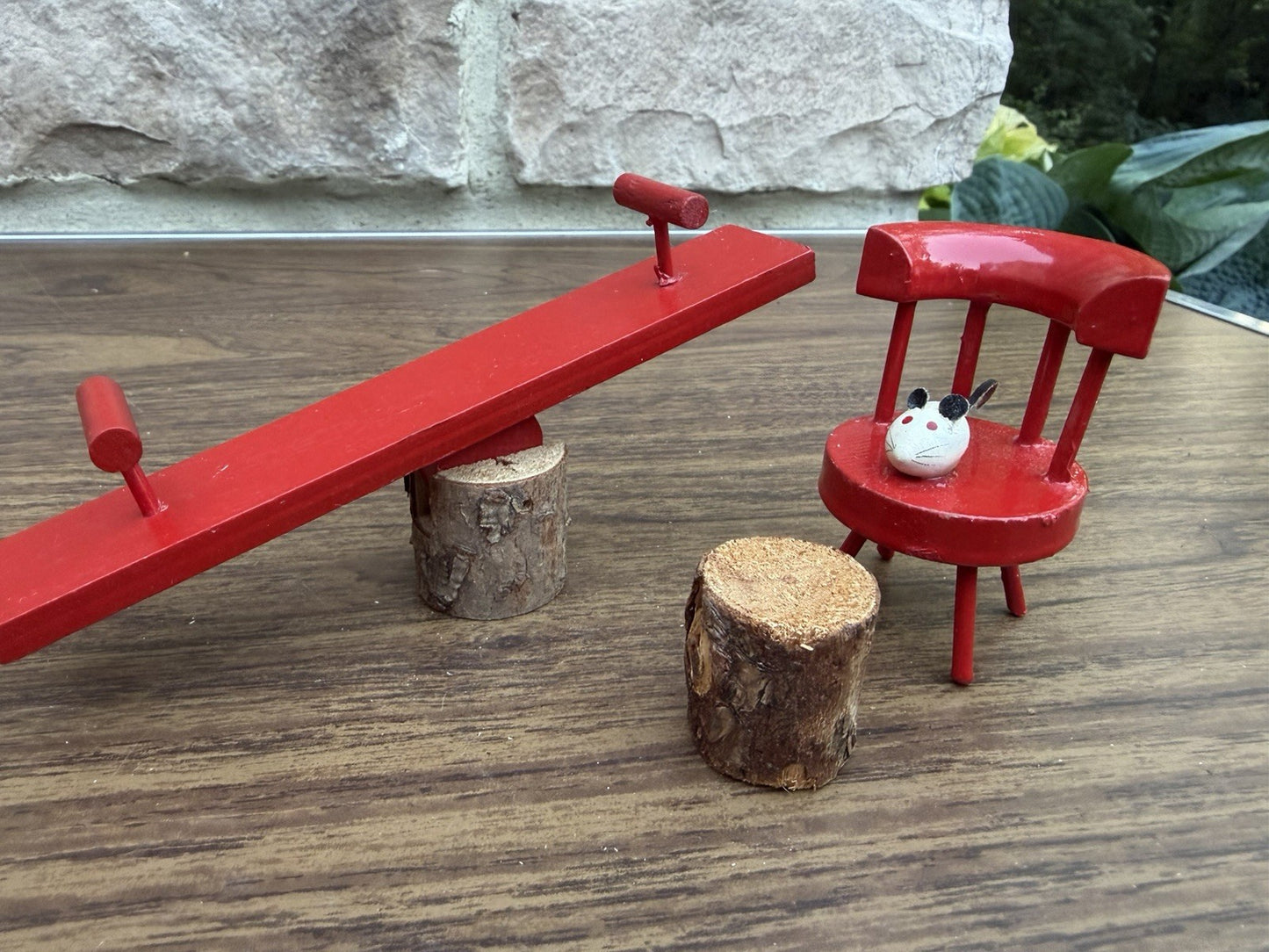 Vintage Miniature Wooden Seesaw Red Captain Chair Mouse Dollhouse Playground Lot