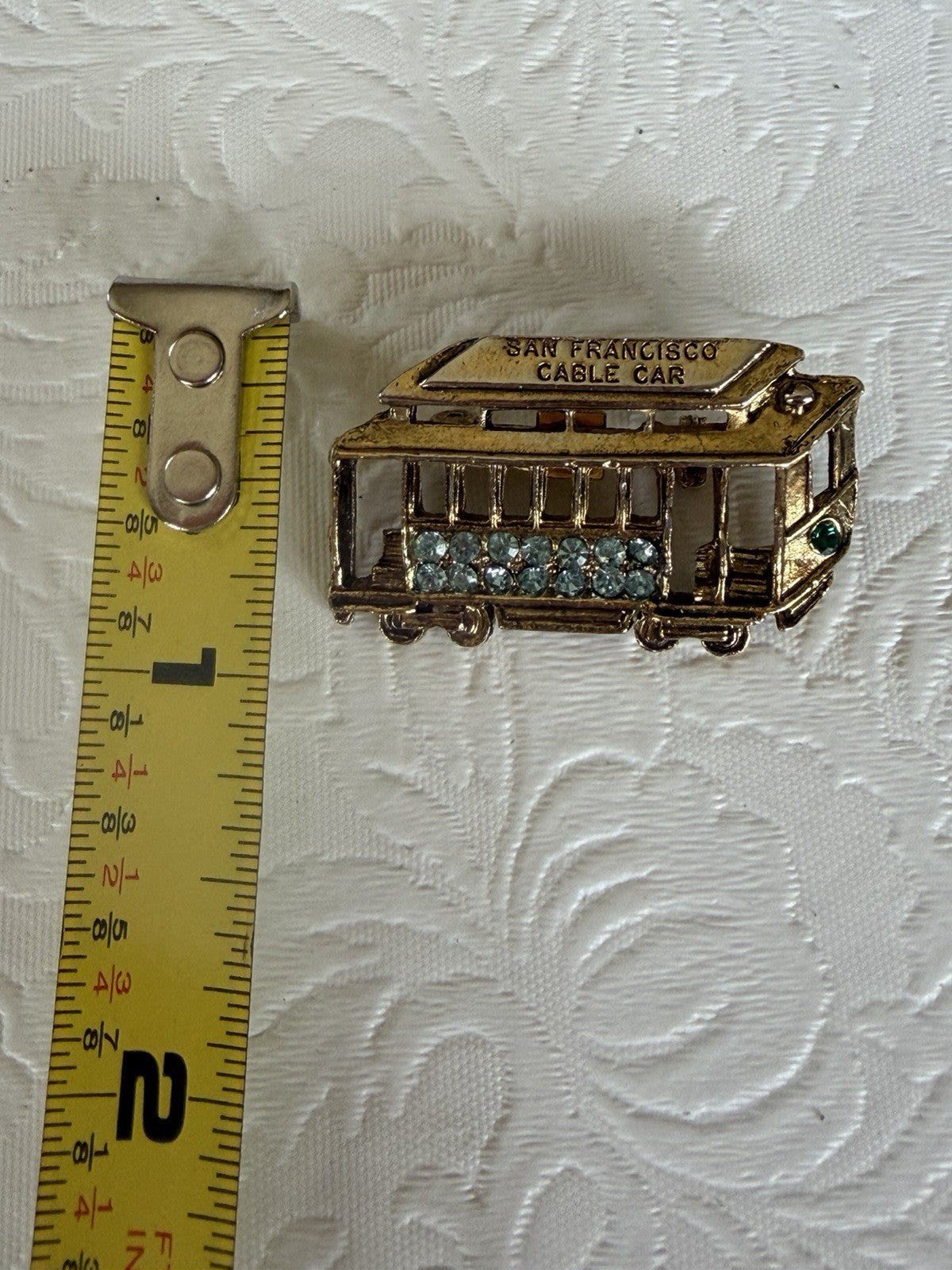 Vintage San Francisco Cable Car Brooch Gold Tone Blue Rhinestone Souvenir Pin