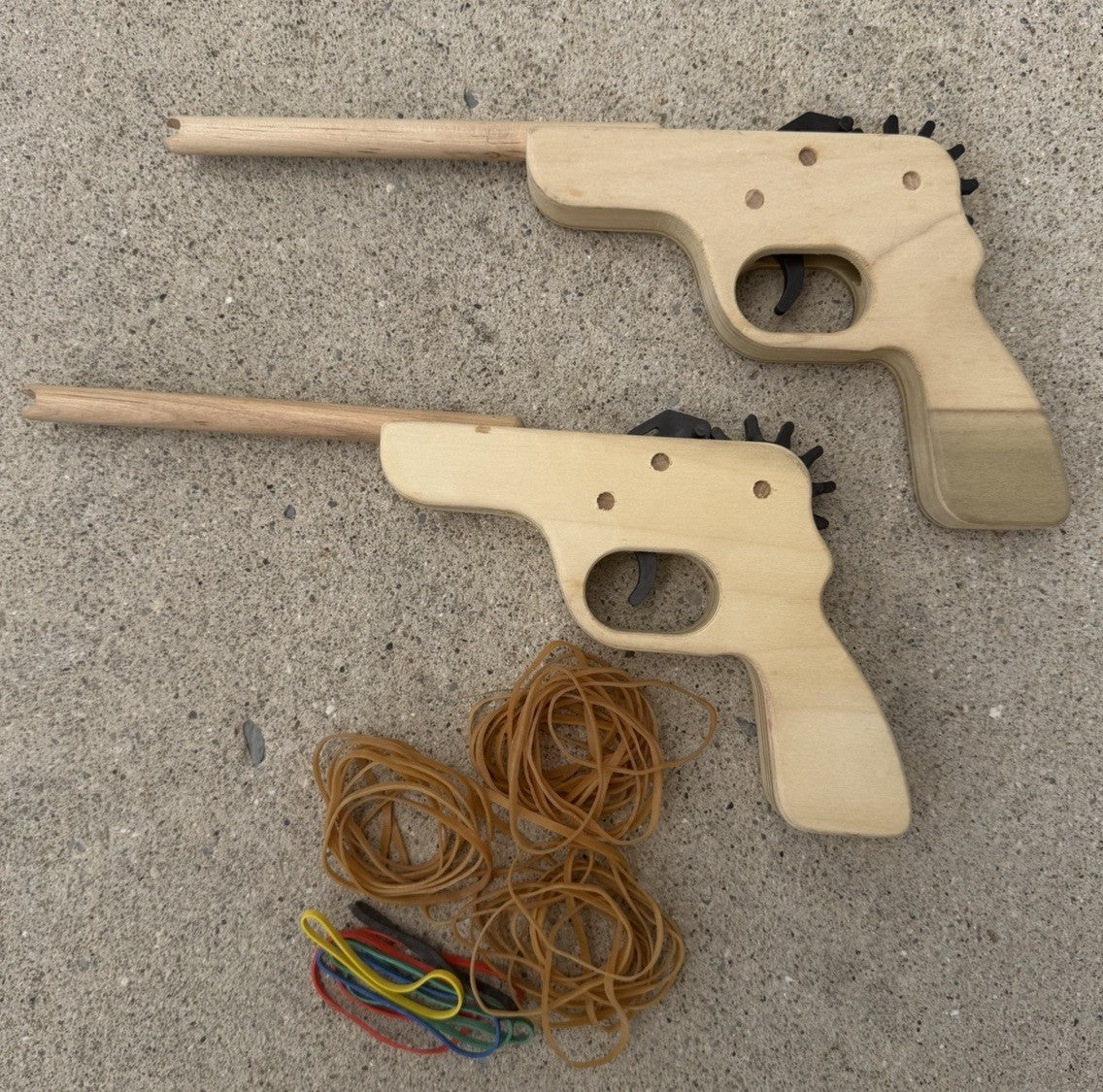 Handmade Wooden Rubber Band Guns Lot 2 Toy Pistols Plus 20 Rubber Bands Targets