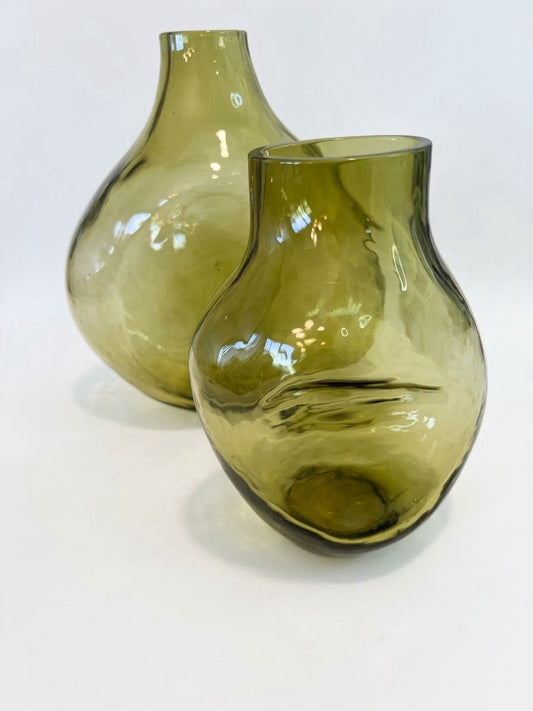 Vintage Olive Green Art Glass Vases Set of 2 Dimpled Asymmetric Organic Flask