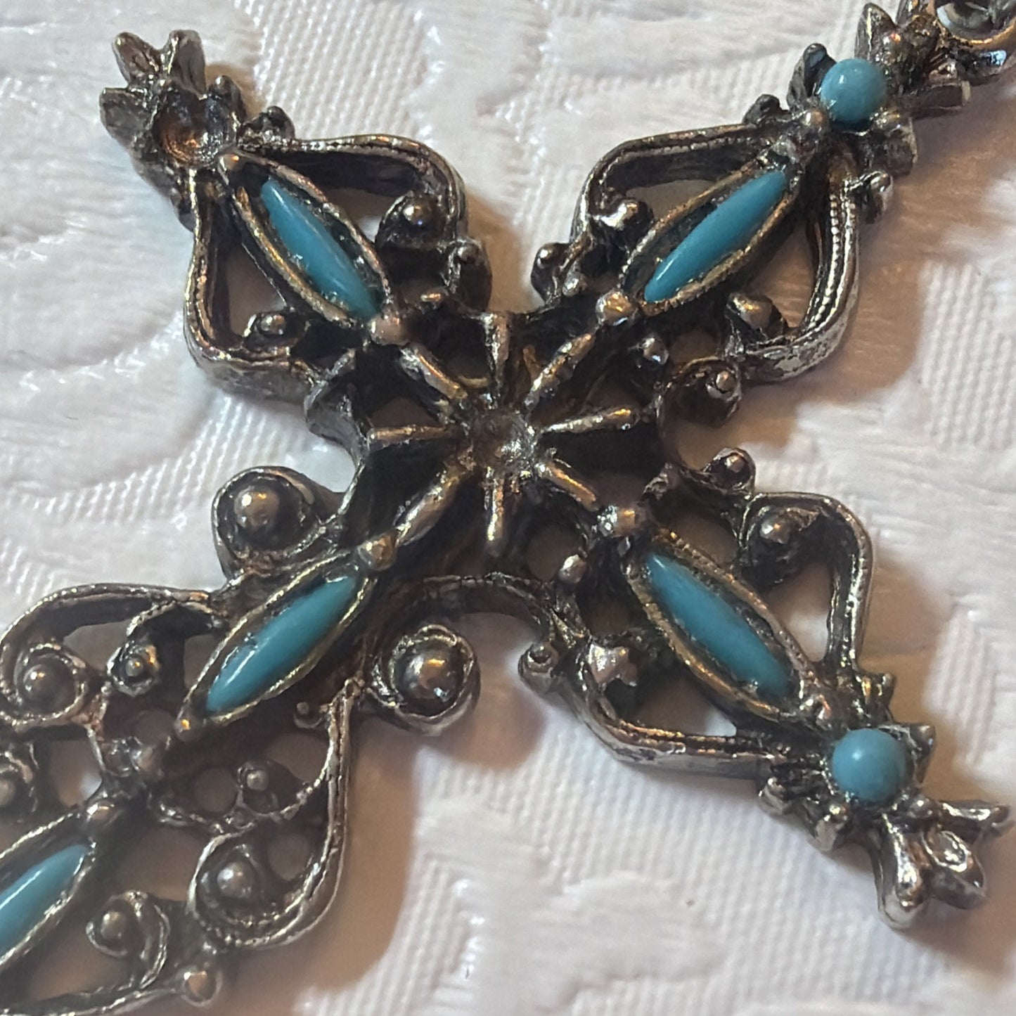 Vintage Gothic Cross Pendant Necklace Silver Tone Faux Turquoise Cabochons Large