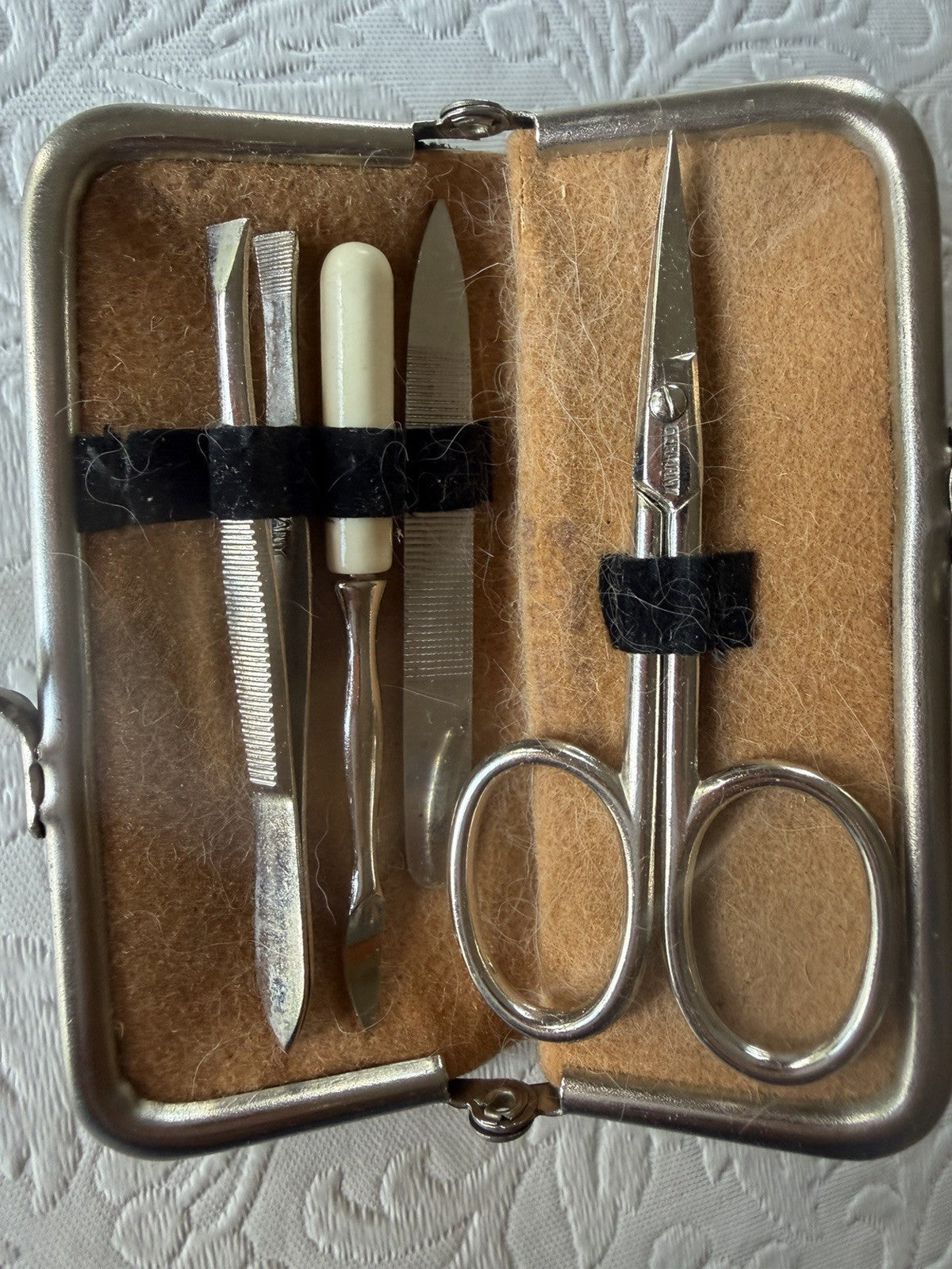 Vintage German Manicure Set Petit Point Floral Velvet Case Germany 1950s Tools